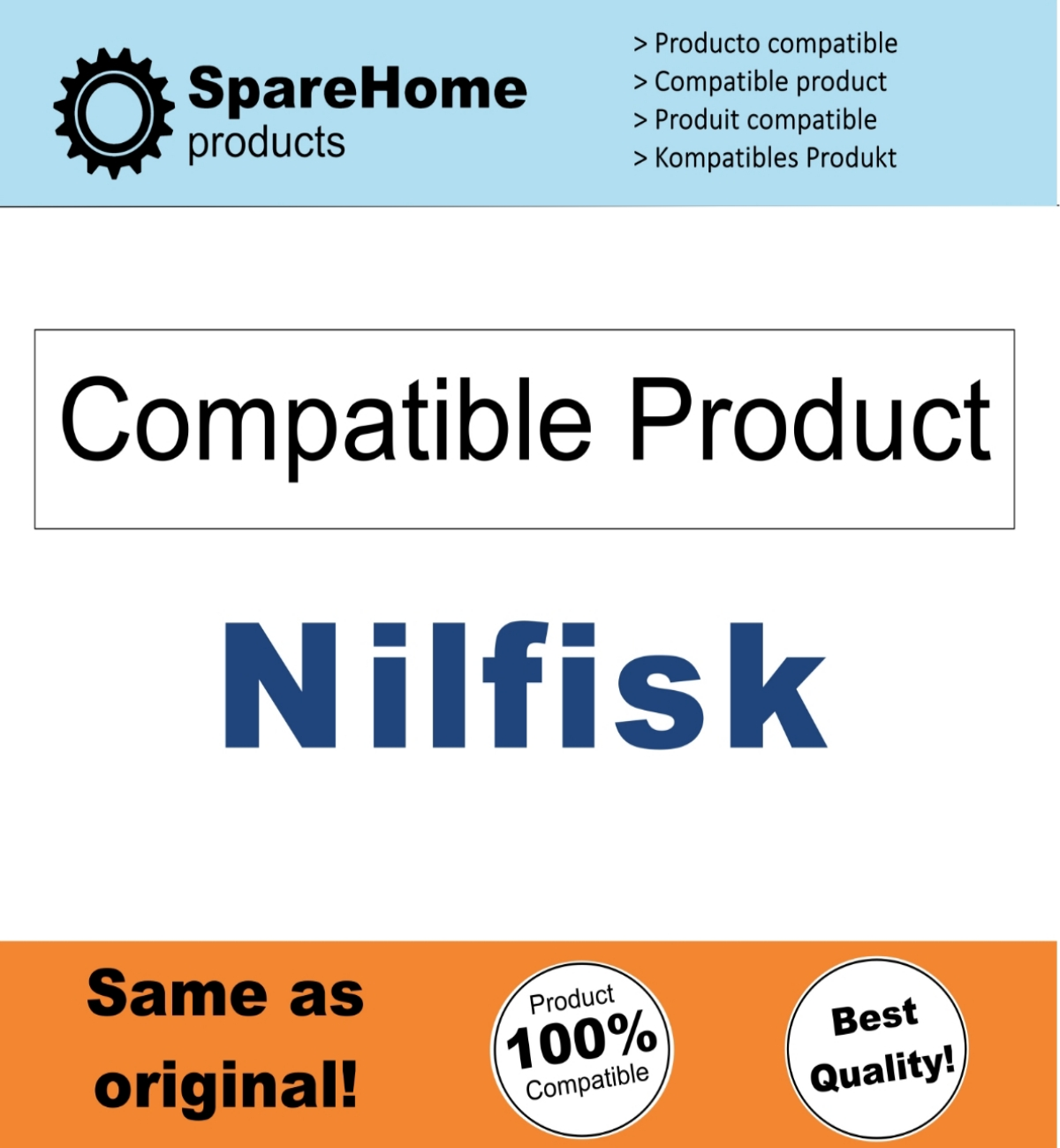 Una etiqueta de producto que muestra 'Producto Compatible' con el logotipo de Nilfisk, indicando compatibilidad.