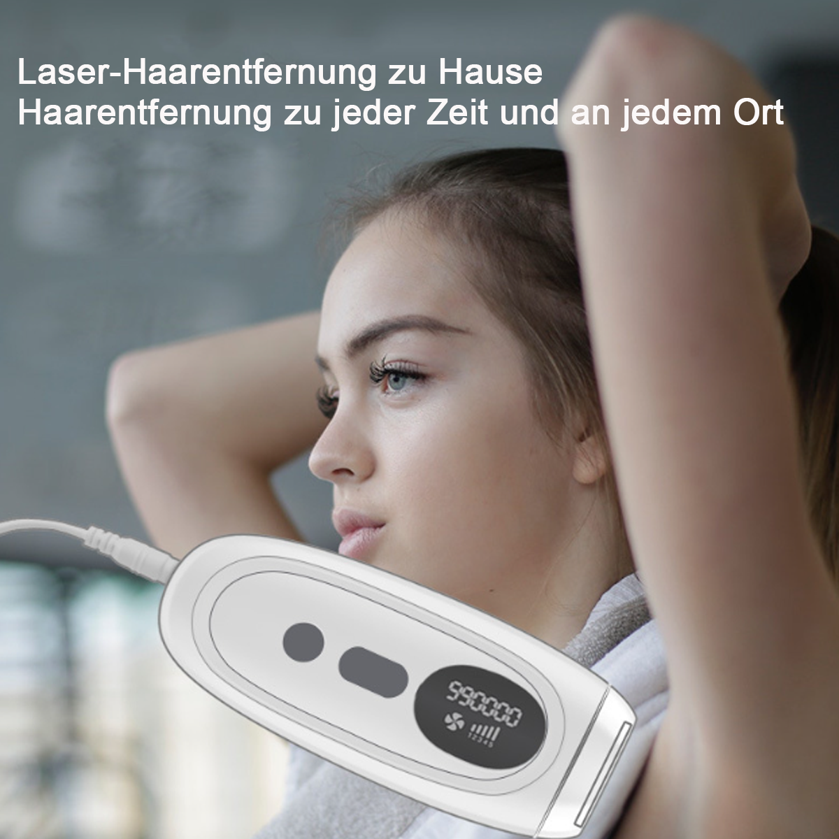 Frau benutzt ein Haarentfernungsgerät, mit einer Anzeige, die eine Nummer zeigt.
