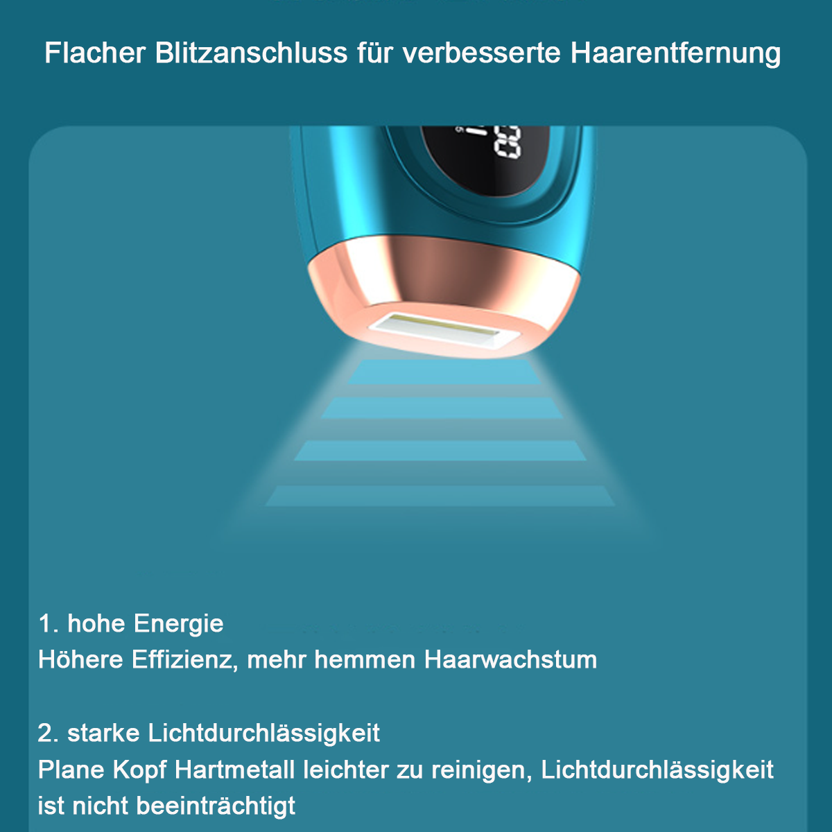 Haarentfernungsgerät, türkis und gold. Erklärender Text zu den Vorteilen des Geräts.
