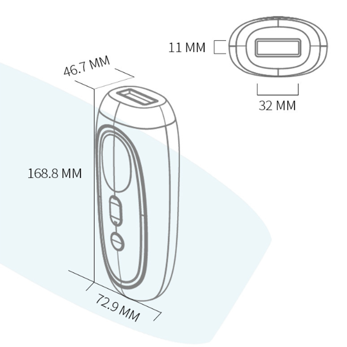 Ein schwarz-weißes Produktdiagramm mit Abmessungen und Messungen eines Geräts.