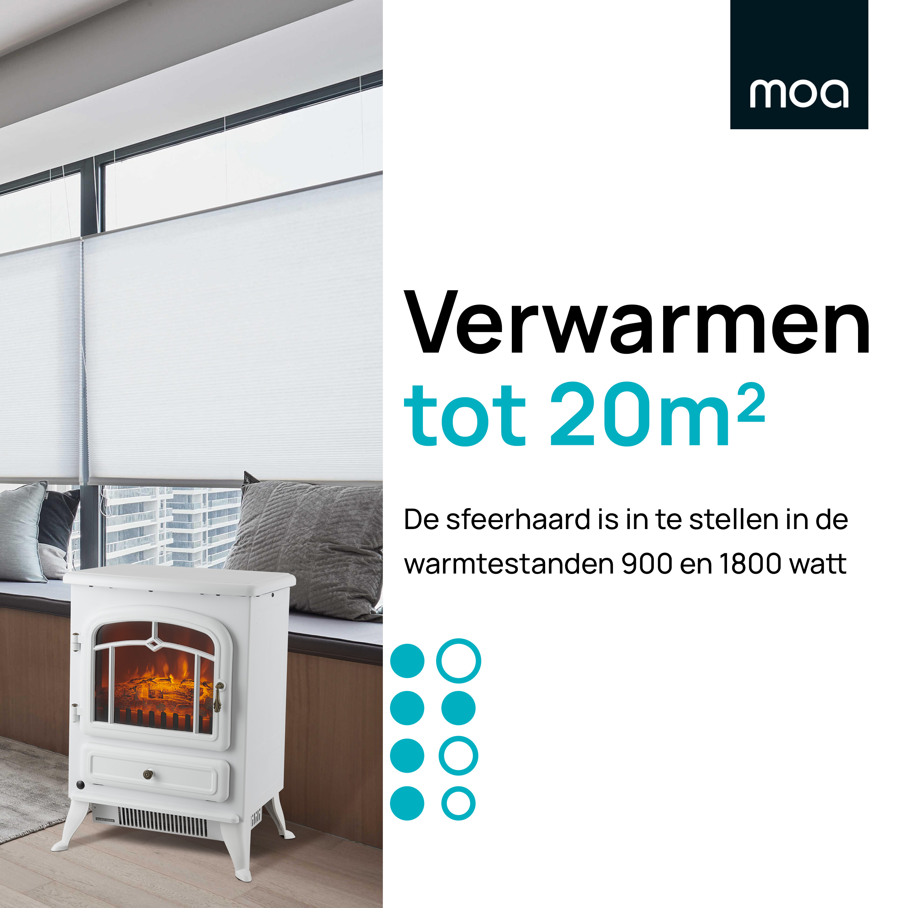 Weißer Elektrokamin mit Fenster und Text zum Heizen von 20m2.