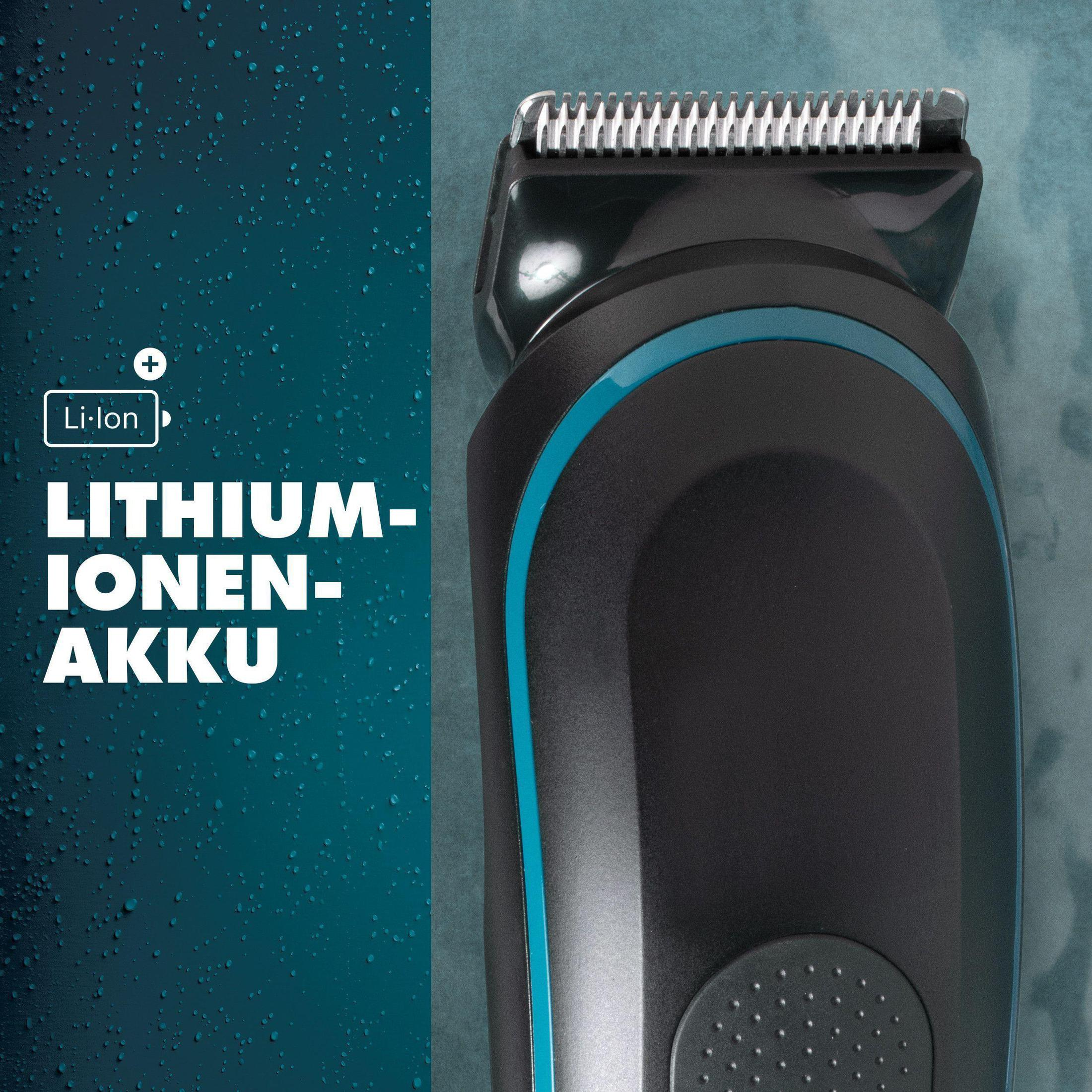 Ein schwarzer und teal elektrischer Rasierer mit dem Text "LITHIUM-IONEN-AKKU" und Wassertröpfchen im Hintergrund.