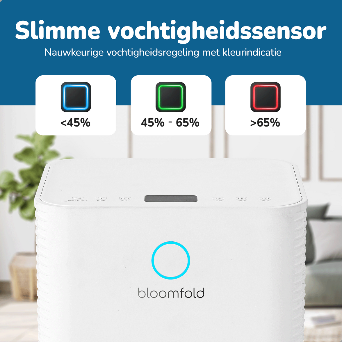 Weißer Luftbefeuchter mit blauen, grünen und roten Feuchtigkeitsanzeigen. Text: Intelligenter Feuchtigkeitssensor. Genaue Feuchtigkeitskontrolle.