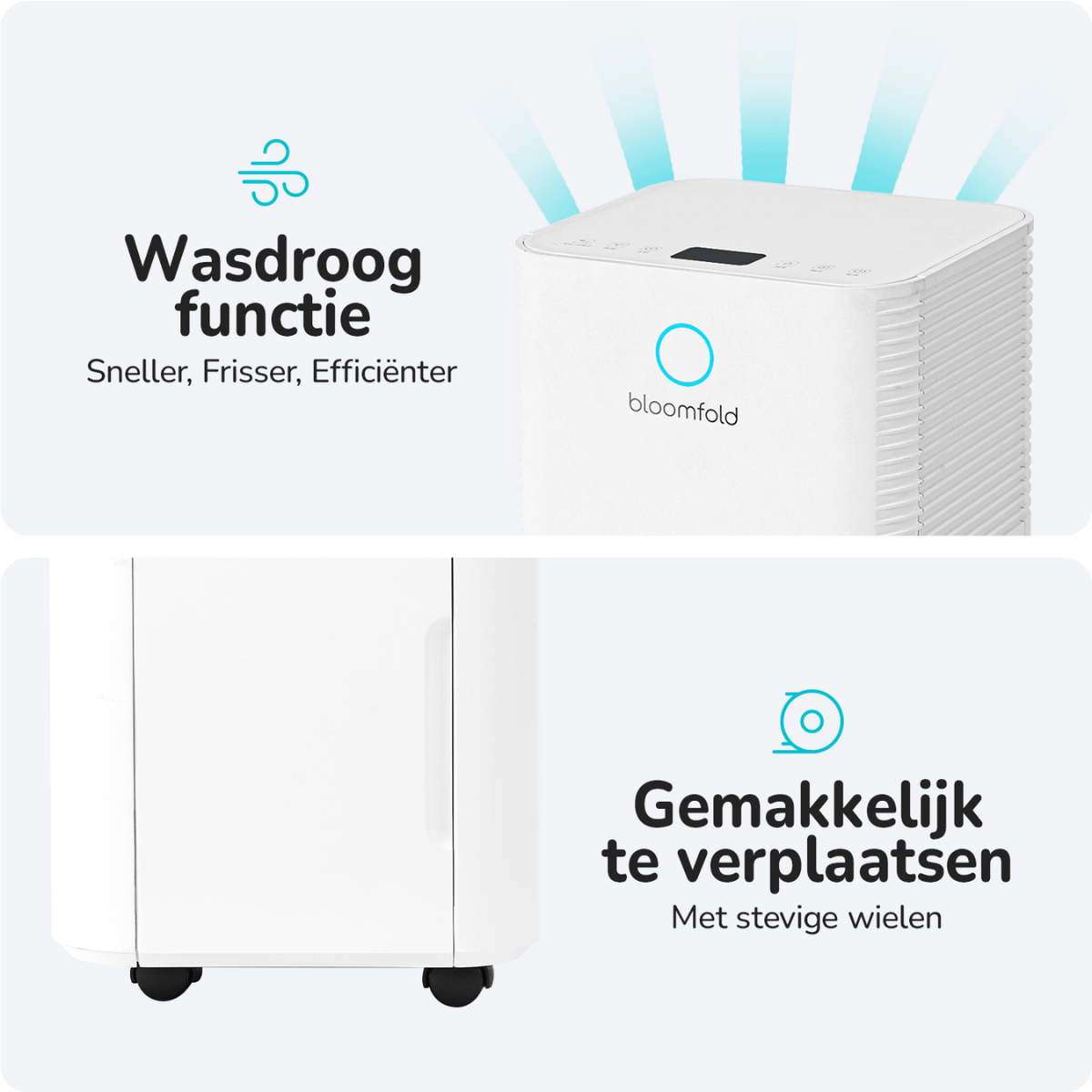 Weißer Luftreiniger mit blauem Kreis und Text. Text sagt 'Wasdroog functie' und 'Gemakkelijk te verplaatsen'.