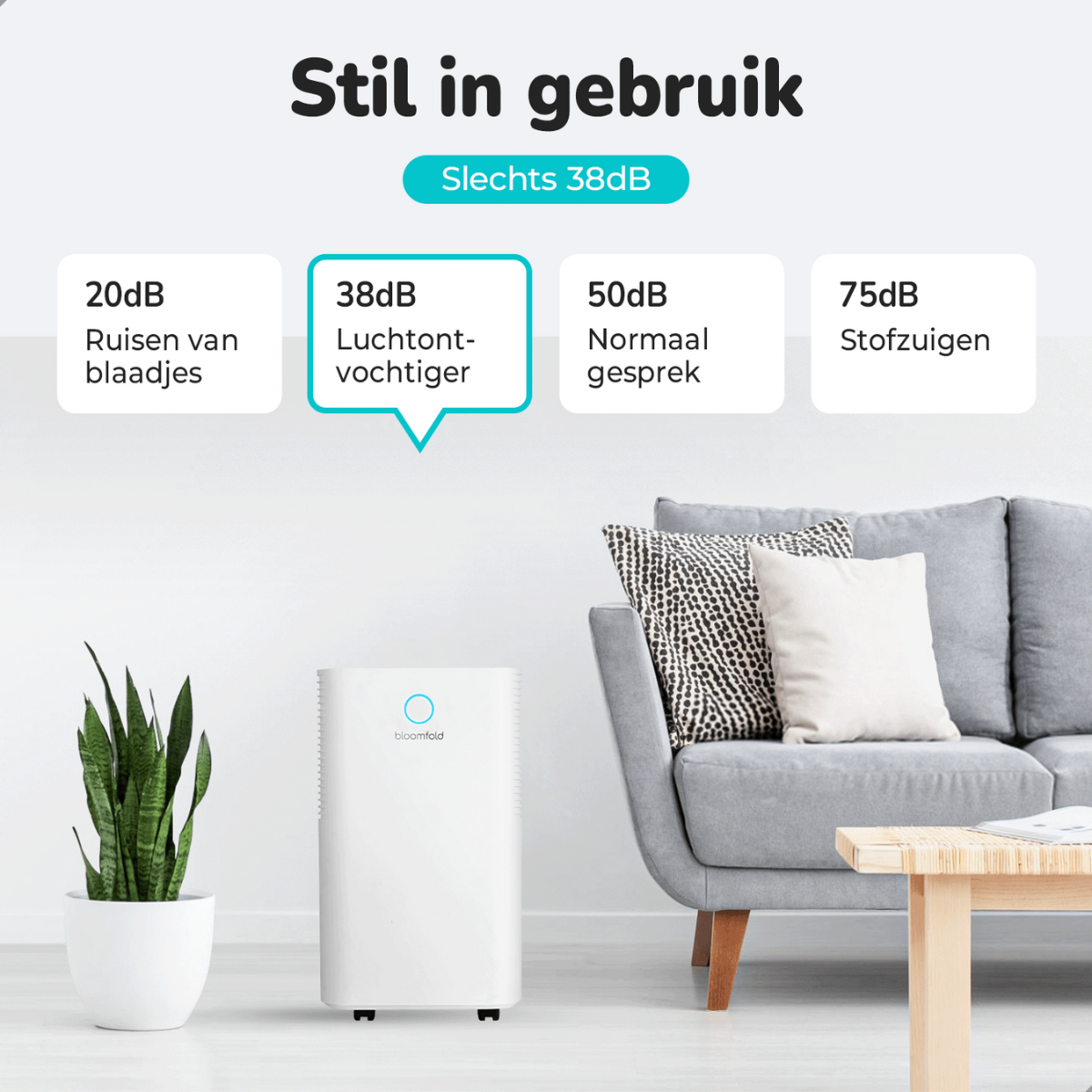 Luftreiniger mit Schallpegelanzeigen, Sofa und Pflanze.