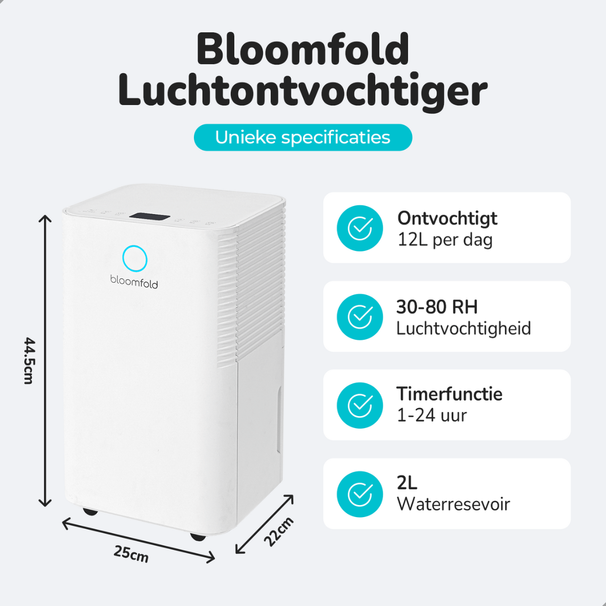 Weißer Luftentfeuchter mit Spezifikationen: 12L/Tag, 30-80 RH, Timer 1-24 Std., 2L Wasserbehälter.