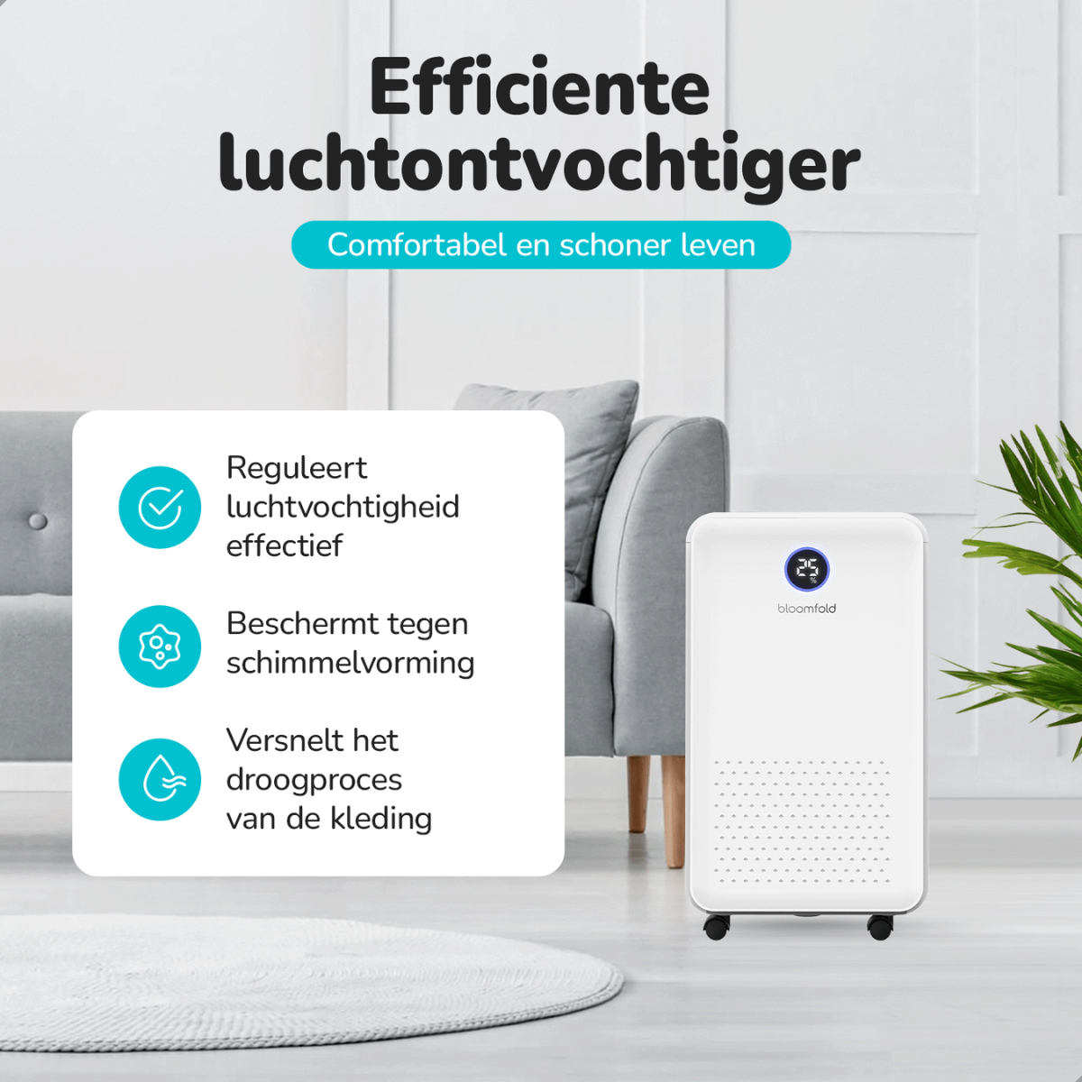 Weißer Luftreiniger mit Digitalanzeige, neben Sofa und Pflanze.