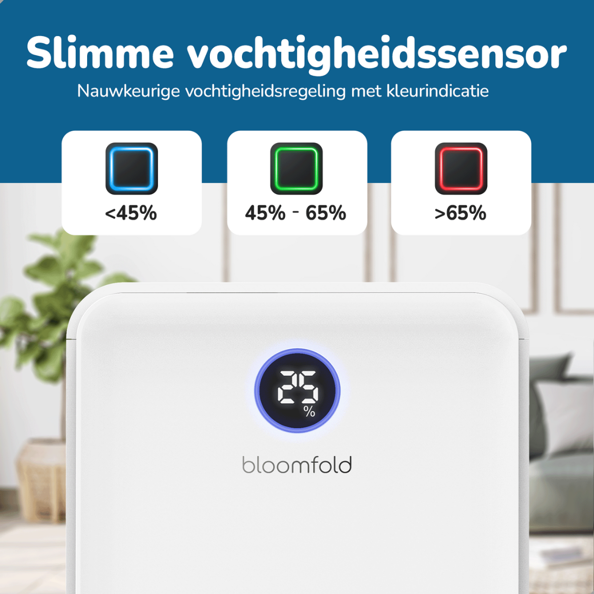Ein weißer Luftentfeuchter mit Digitalanzeige und Farbindikatoren.