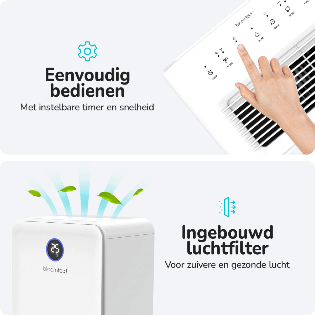 Weißer Luftreiniger, Hand berührt Bedienfeld. Text: Einfache Bedienung, einstellbarer Timer und Geschwindigkeit.