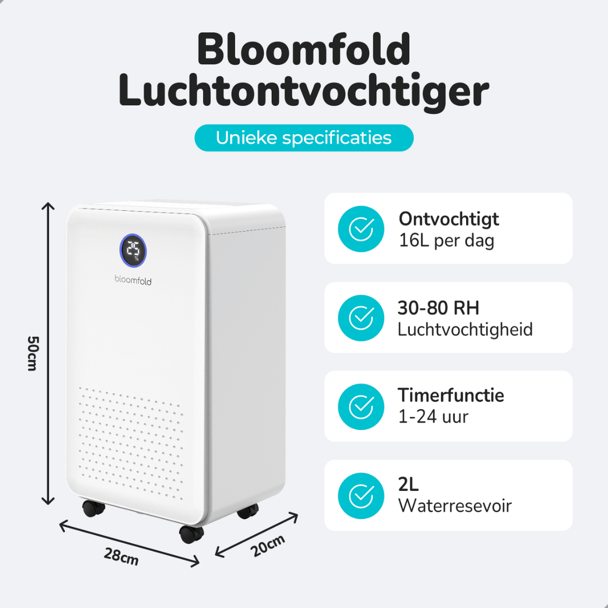 Ein weißer Luftentfeuchter mit Abmessungen, Textbeschriftungen und Symbolen auf weißem Hintergrund.