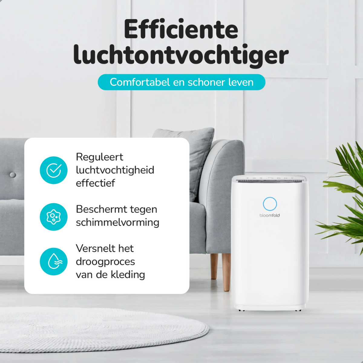 Ein weißer Luftentfeuchter mit Text. Er reguliert die Luftfeuchtigkeit, schützt vor Schimmel und trocknet Kleidung schnell.