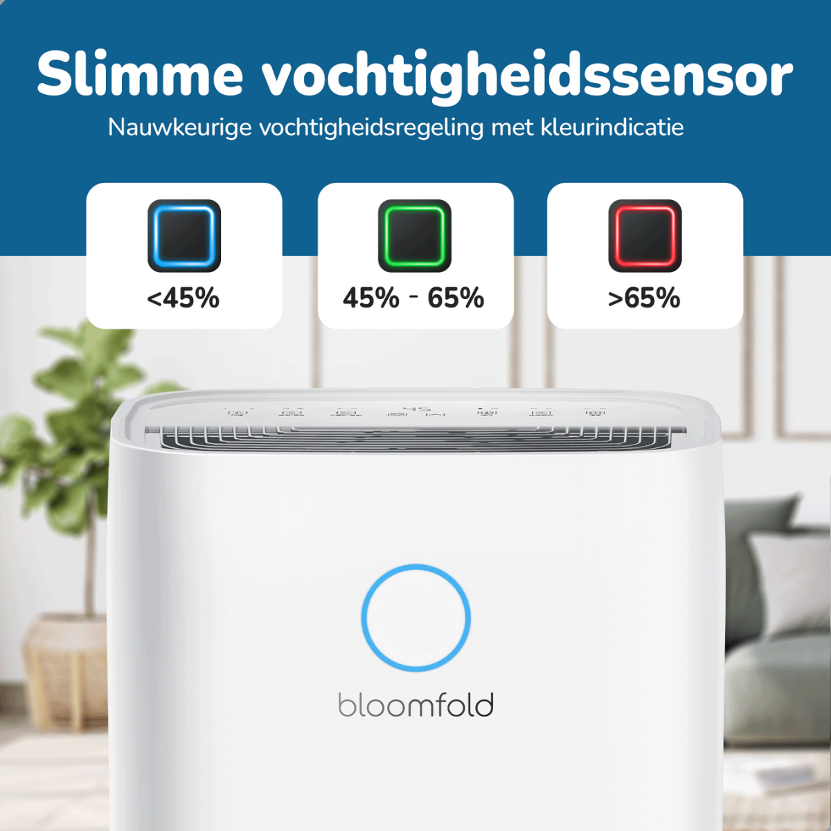 Ein weißer Luftentfeuchter mit blauem Licht und einem Kreis, der die Luftfeuchtigkeit anzeigt.