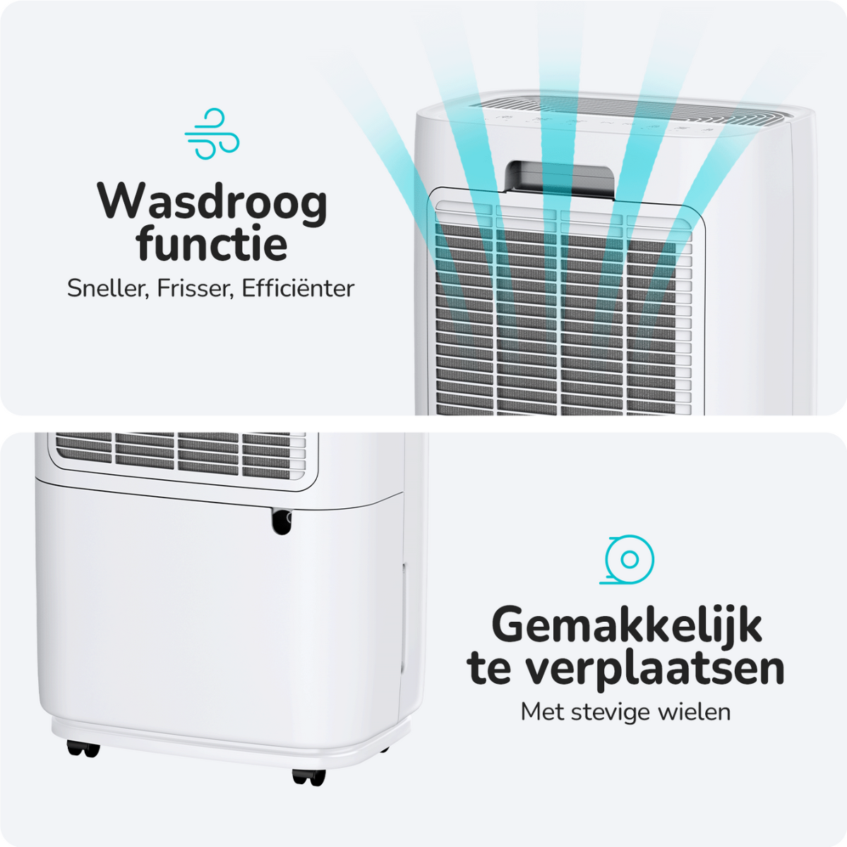 Ein weißer Luftentfeuchter mit Text und Illustrationen zu seinen Funktionen, einschließlich Trocknung und Mobilität.
