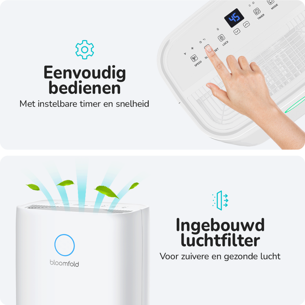 Ein Luftreiniger mit einer Hand, die Einstellungen anpasst, und Text über seine Funktionen.