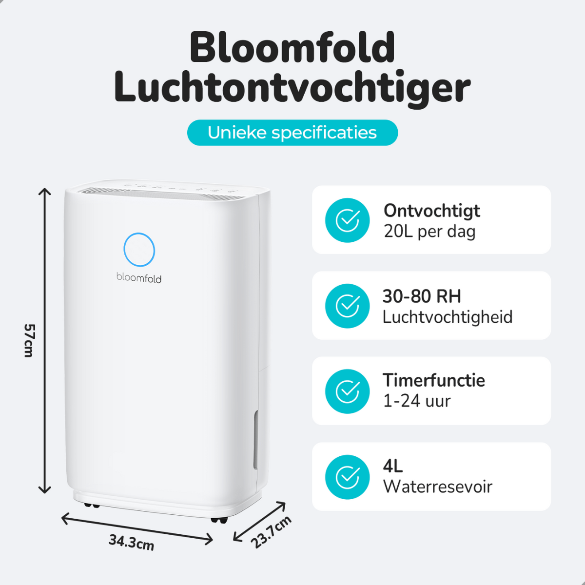 Weißer Luftentfeuchter mit Text. Spezifikationen werden mit Abmessungen angezeigt.