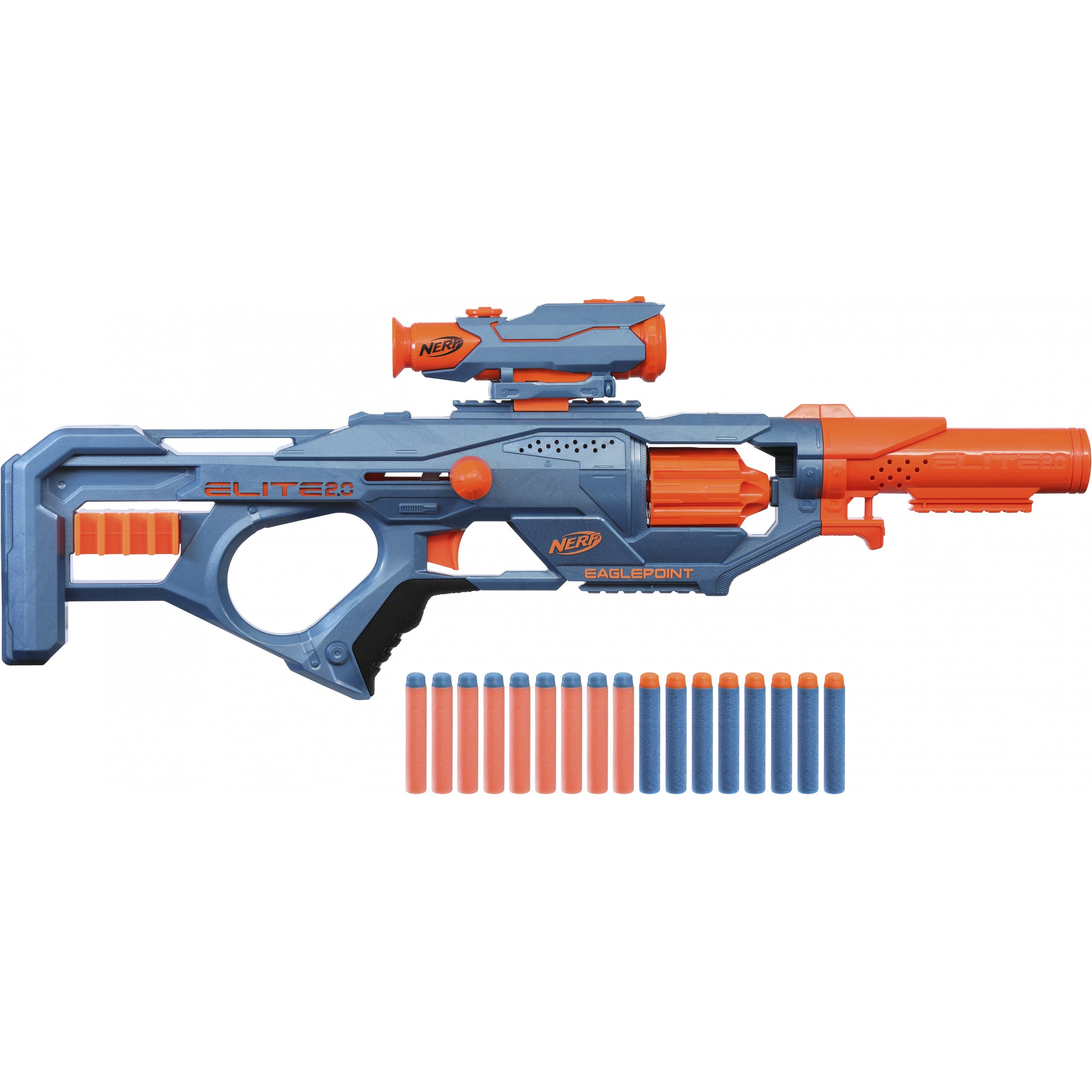 Nerf-Gewehr mit orange und blauen Farben. Enthält ein Zielfernrohr und orangefarbene Darts.