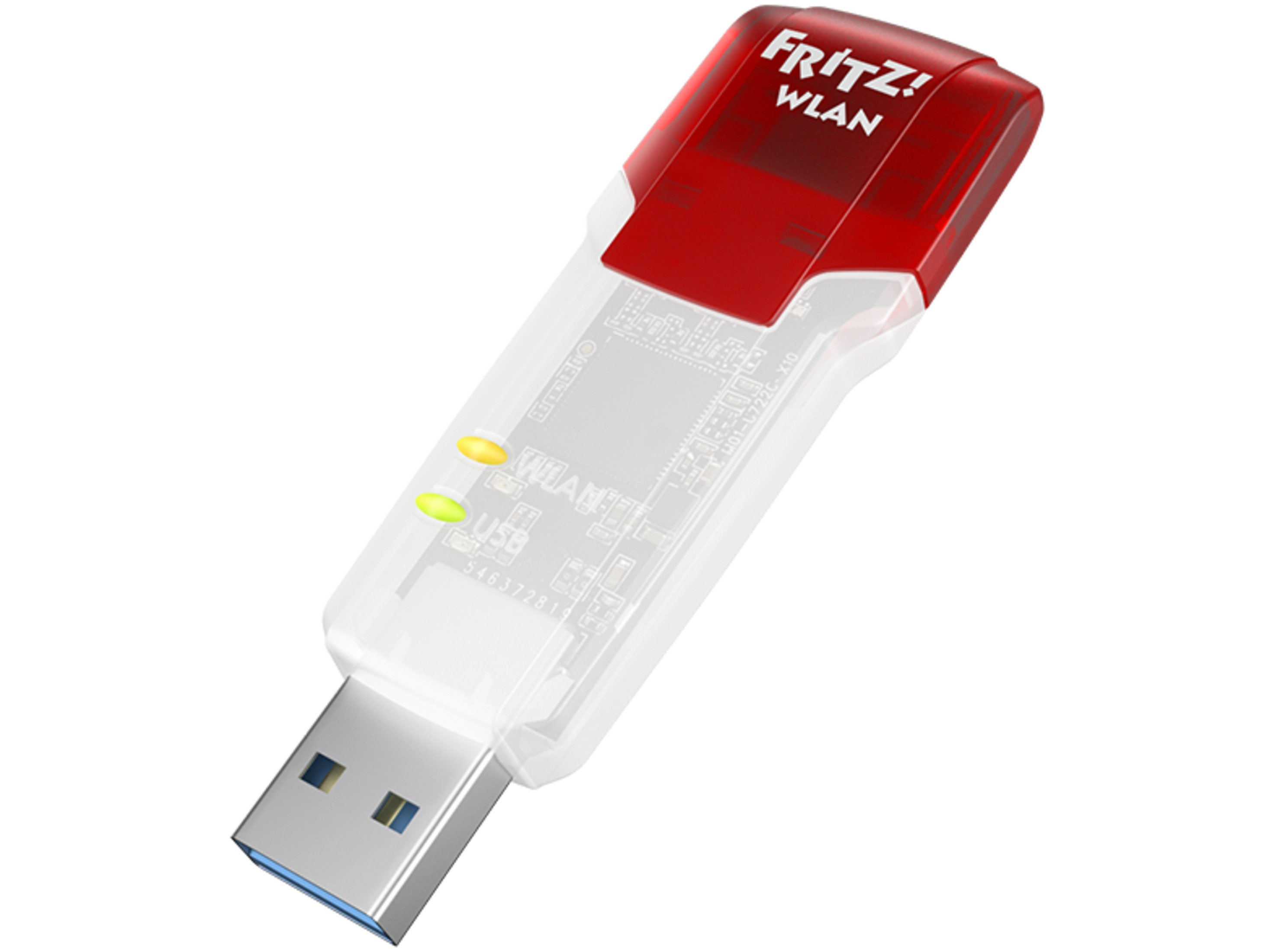 Adattatore WiFi USB. Corpo bianco con parte superiore rossa. Ha un connettore USB e due spie.