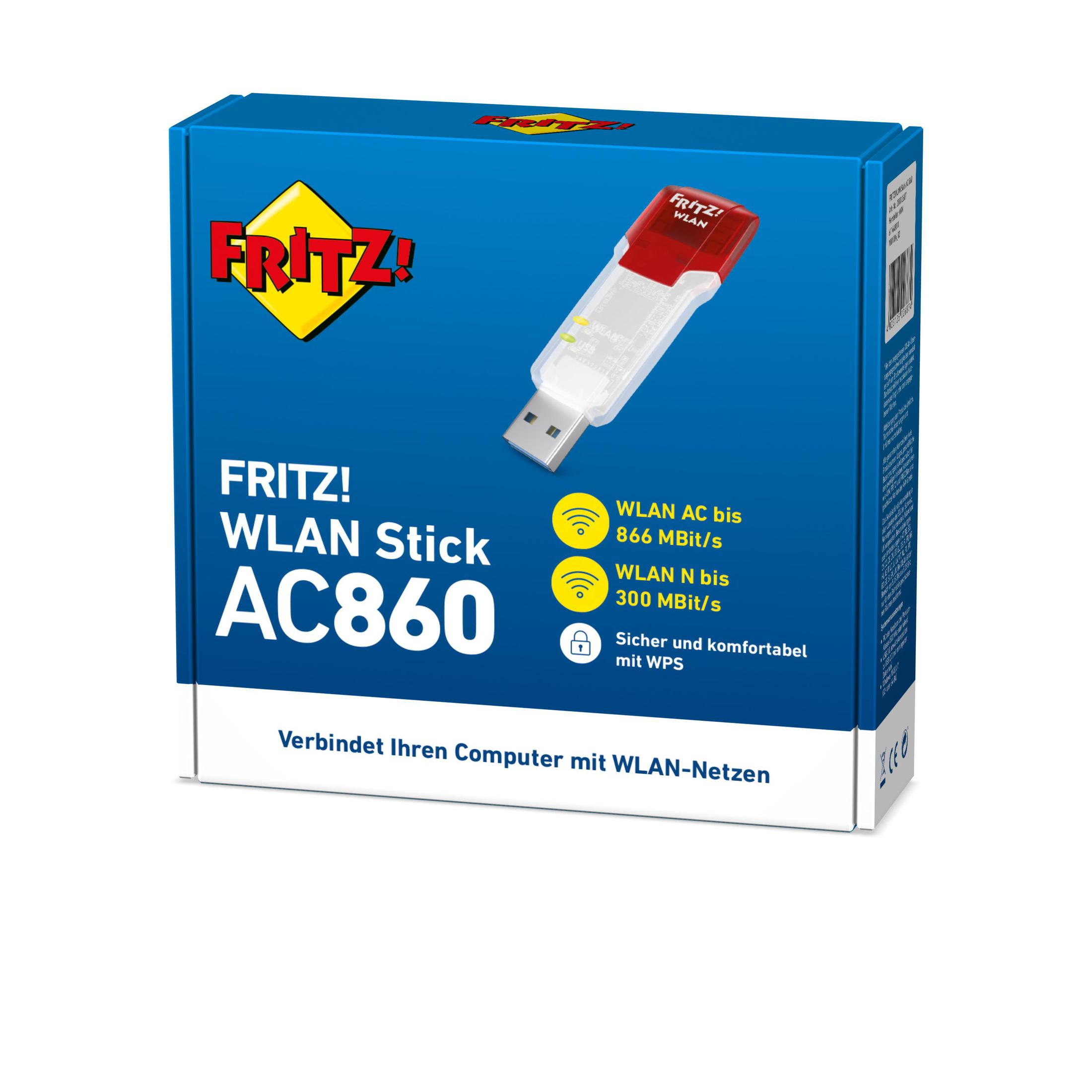 Chiavetta WLAN blu e bianca con confezione che mostra il marchio, i dettagli e le informazioni di connessione.