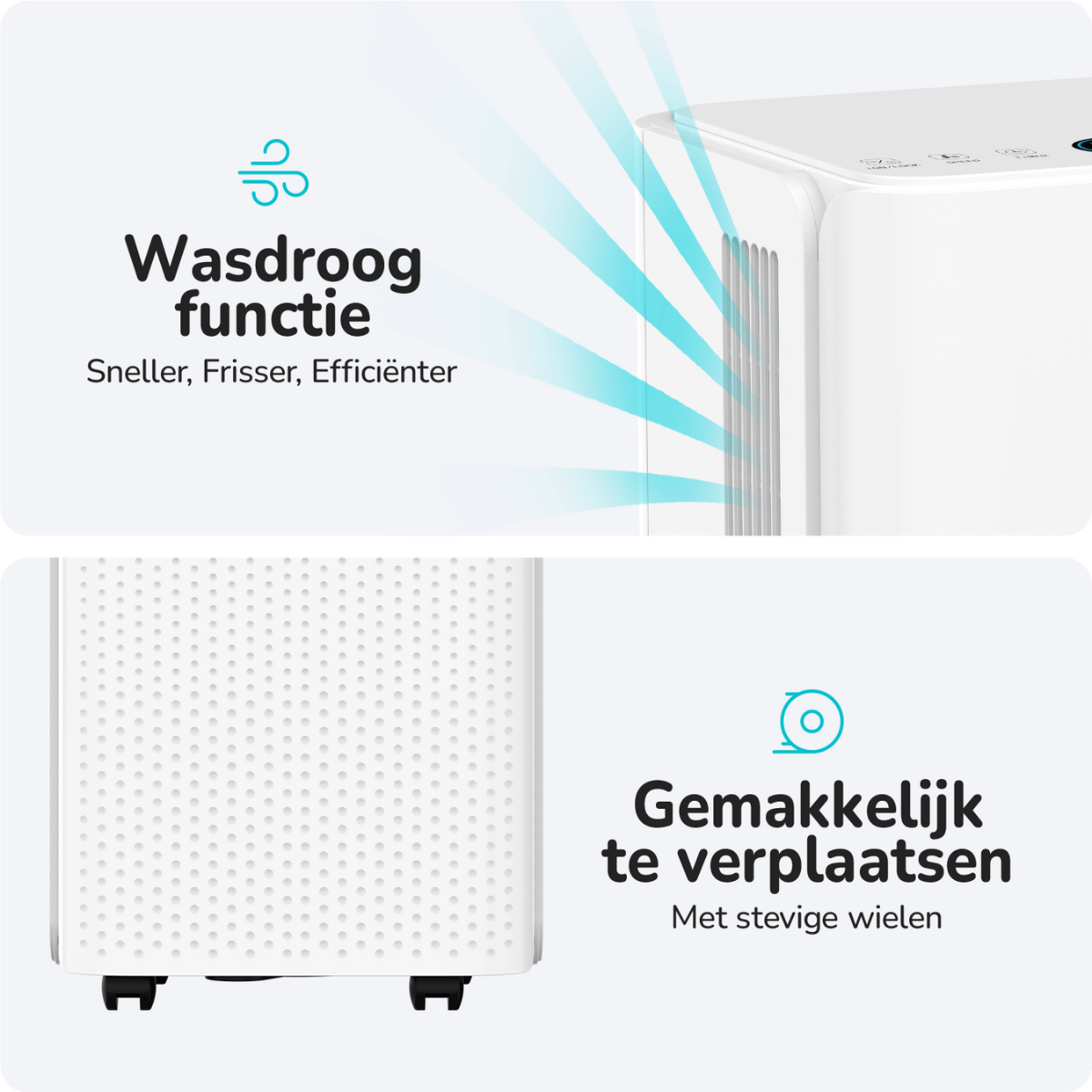 Luftreiniger mit Waschfunktion, leicht zu bewegen. Das weiße Gerät hat eine Vorder- und eine Seitenansicht.