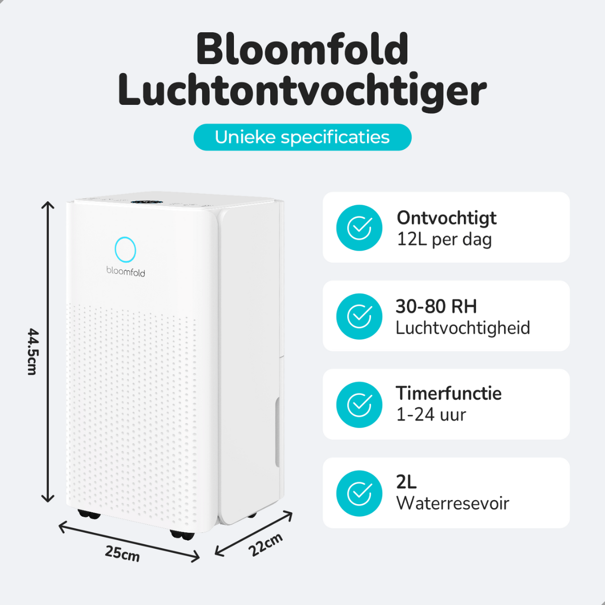 Ein weißer Luftentfeuchter mit Text und Symbolen, die seine Eigenschaften und Abmessungen beschreiben.