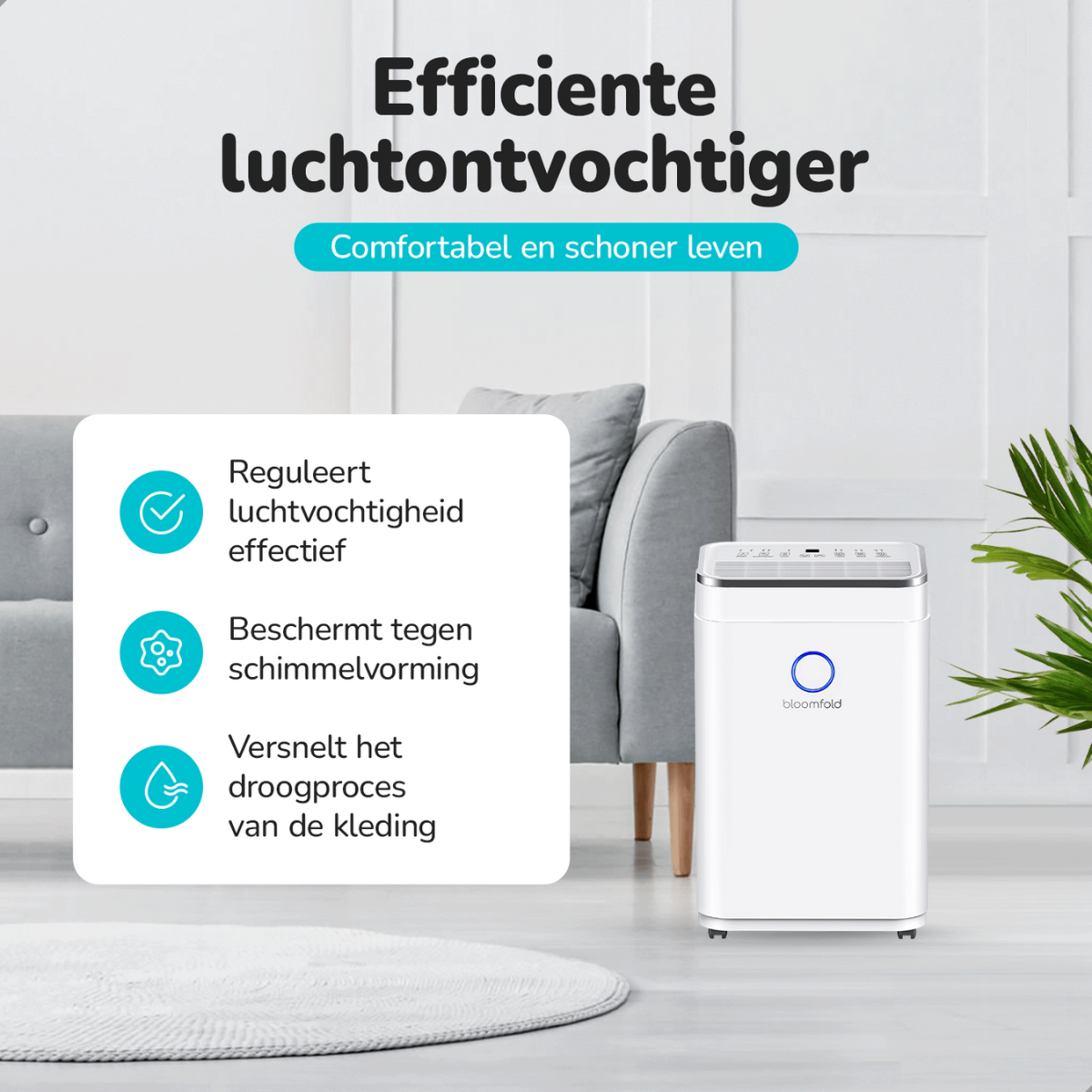 Weißer Luftentfeuchter mit Text, Sofa und Pflanze, zeigt eine Innenszene.