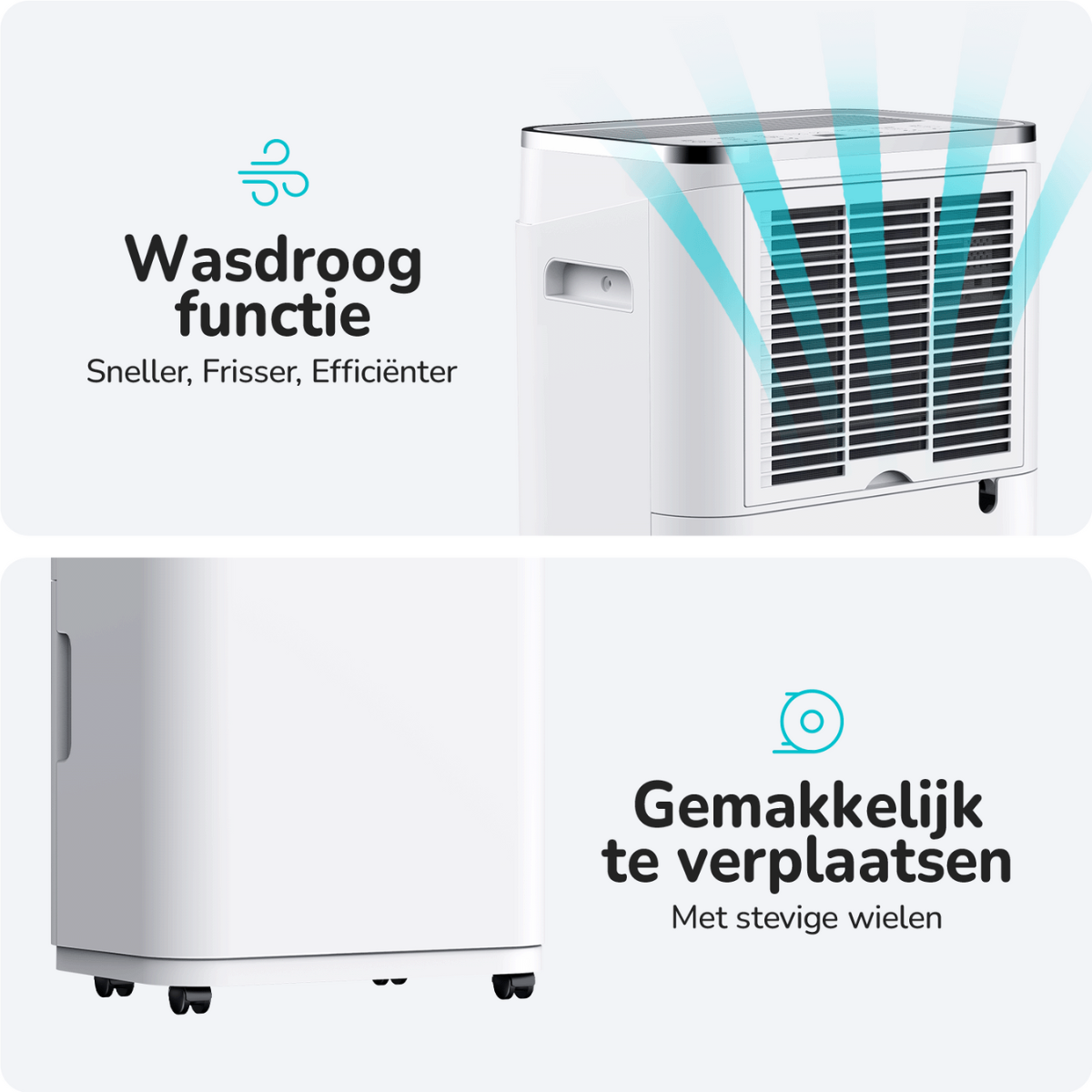 Weißer Lufttrockner mit blauer Luftstromgrafik und Text auf Niederländisch: Wasdroog functie, und Raddetail.