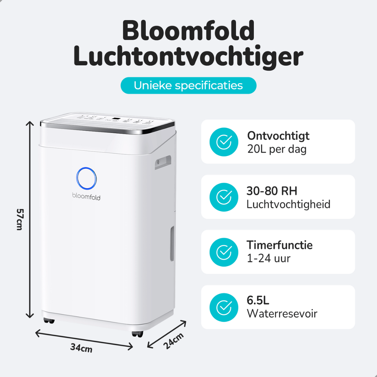 Weißer Luftentfeuchter mit Spezifikationen: 20L/Tag, 30-80% RH, Timer 1-24h, 6,5L Behälter.