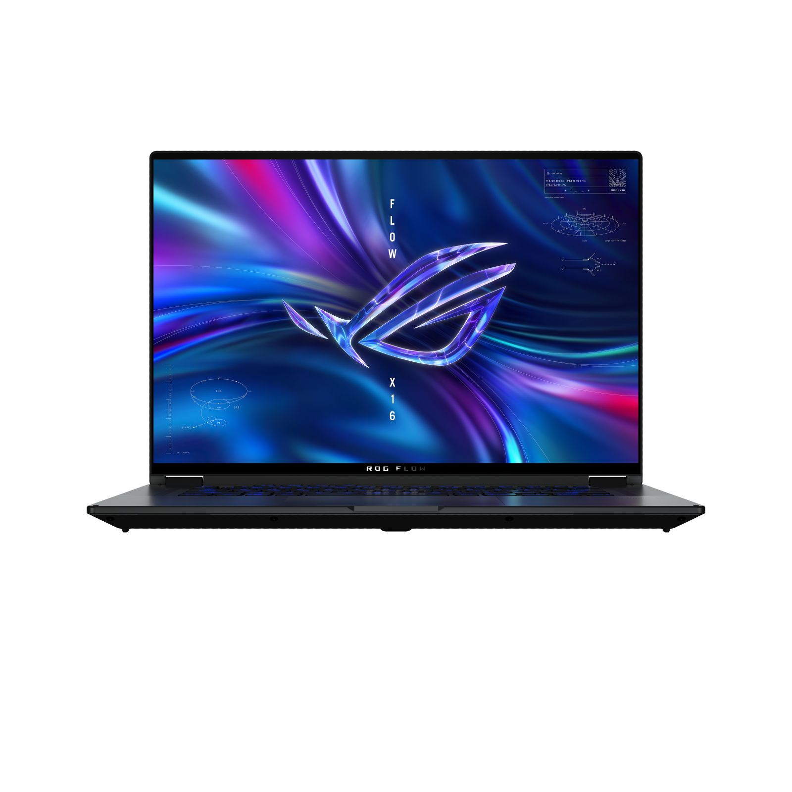 Un laptop con uno schermo che mostra il logo ROG Flow. Il laptop è aperto su sfondo bianco.