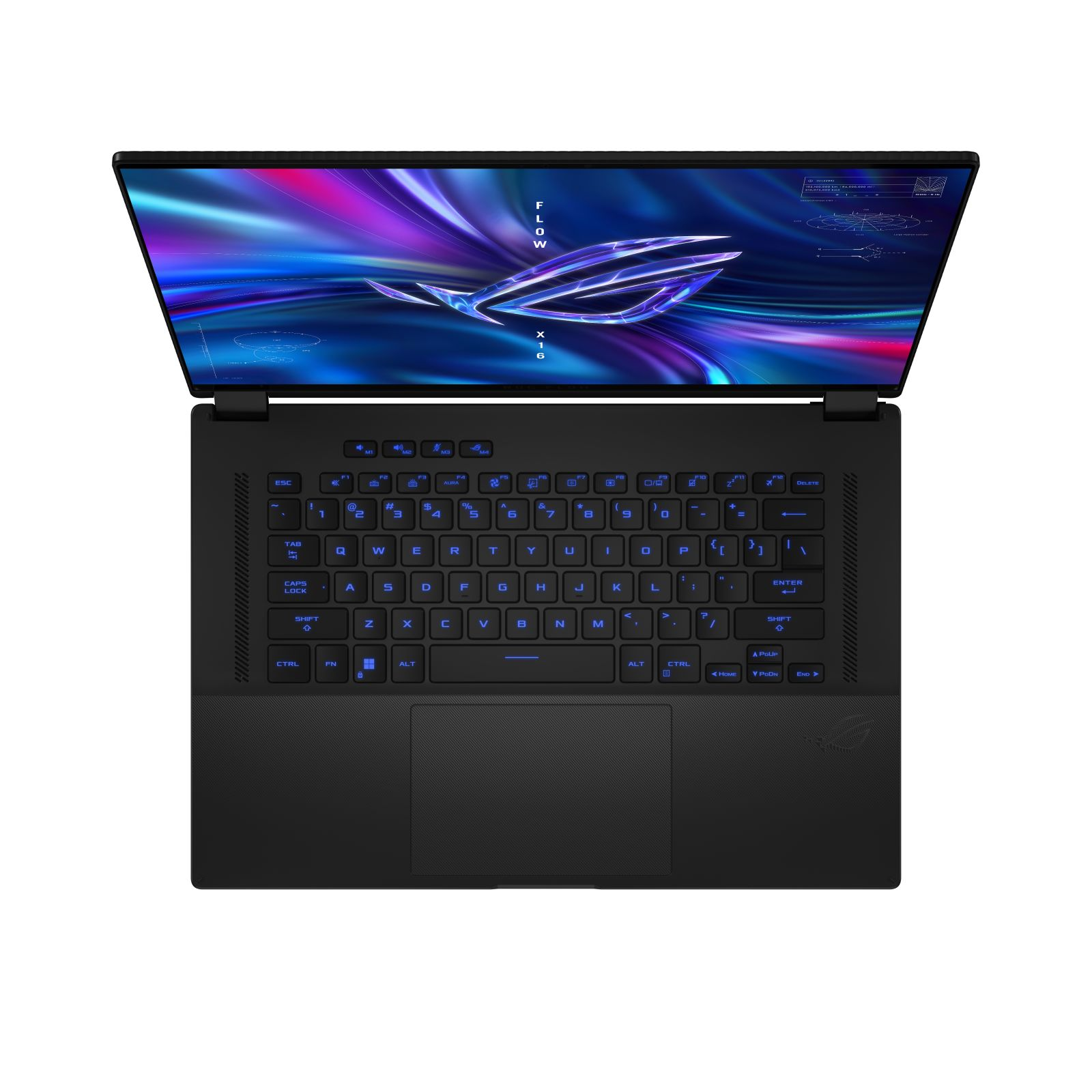Laptop nero con tastiera retroilluminata blu aperta, con schermo aperto che mostra un design.