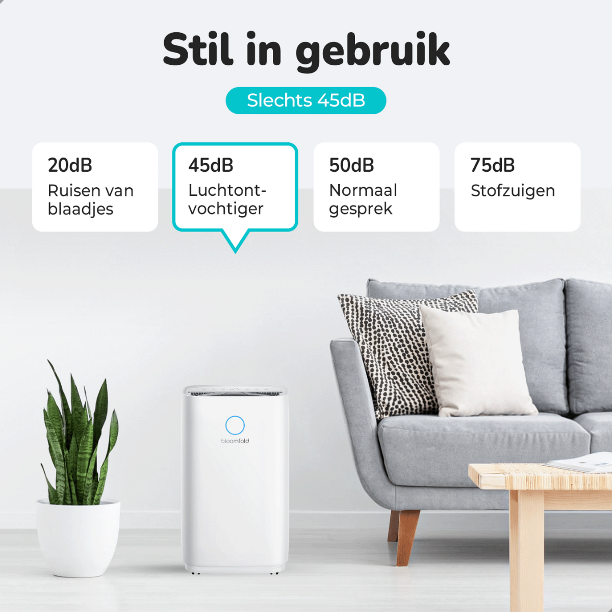 Weißer Luftreiniger mit blauem Kreis, Text über Geräuschpegel und Sofa mit Pflanze.
