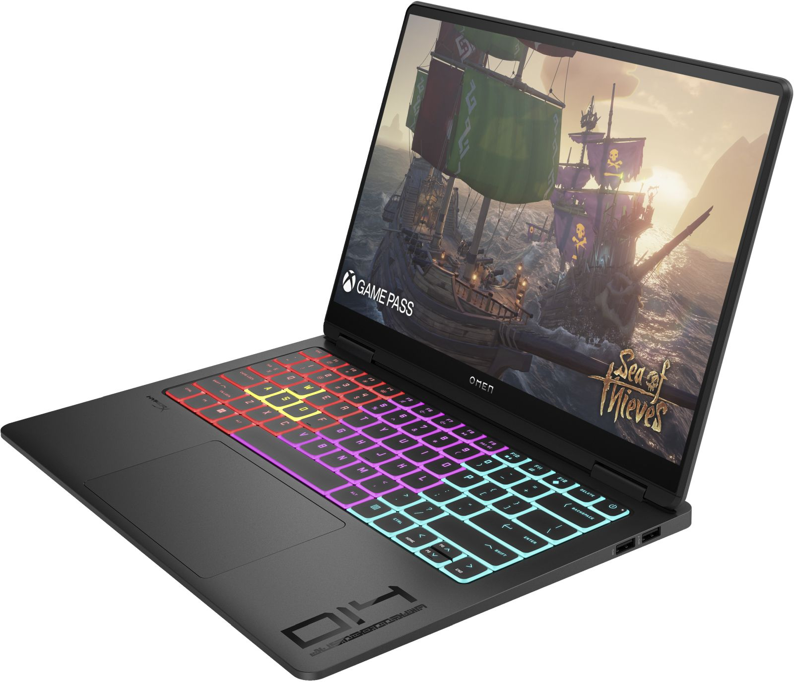 Un portátil negro con un teclado retroiluminado de colores, que muestra una pantalla de videojuego.