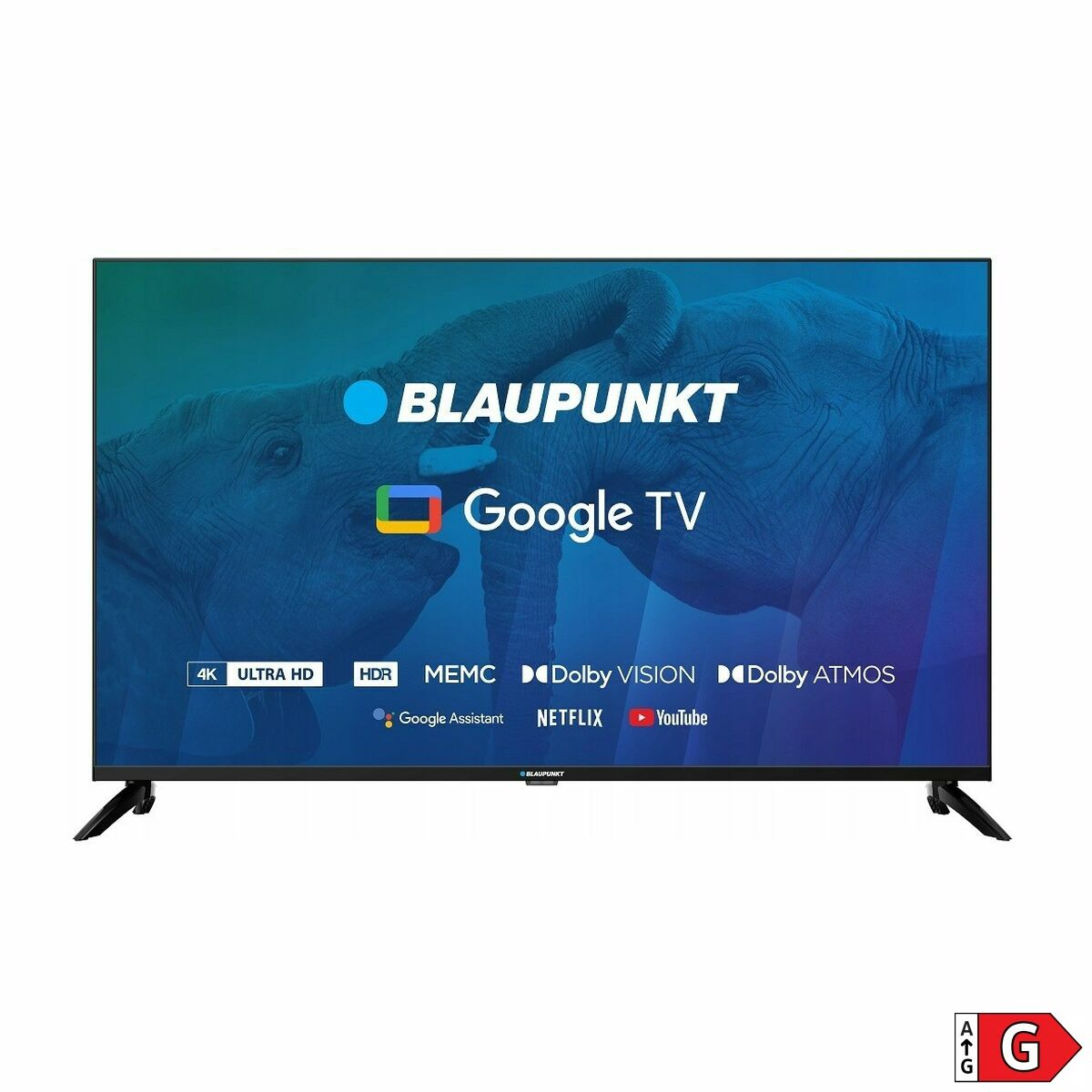 Blaupunkt Google TV, na stojaku. Ekran pokazuje obraz dwóch słoni.