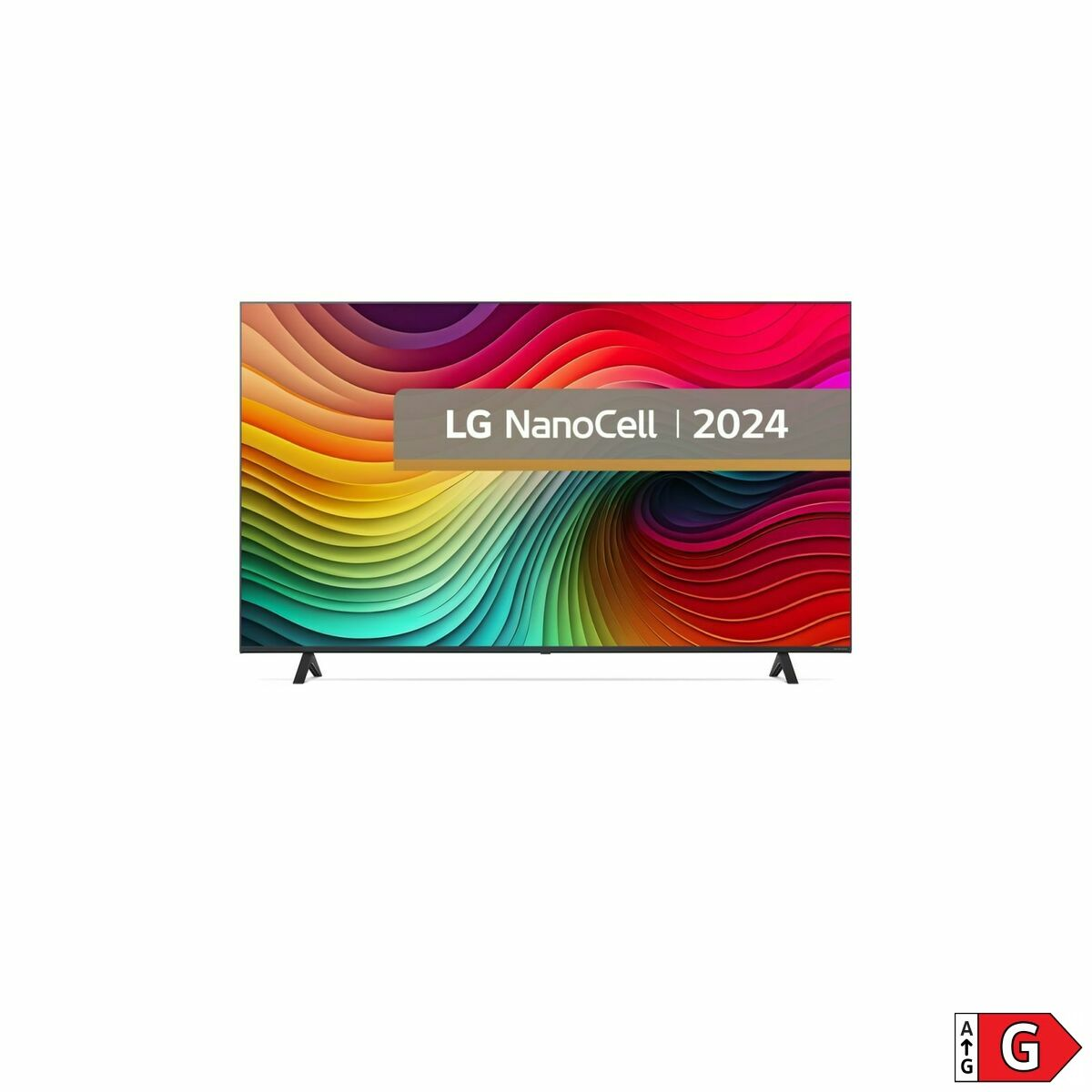 Schermo TV LG NanoCell con immagini astratte colorate e logo.