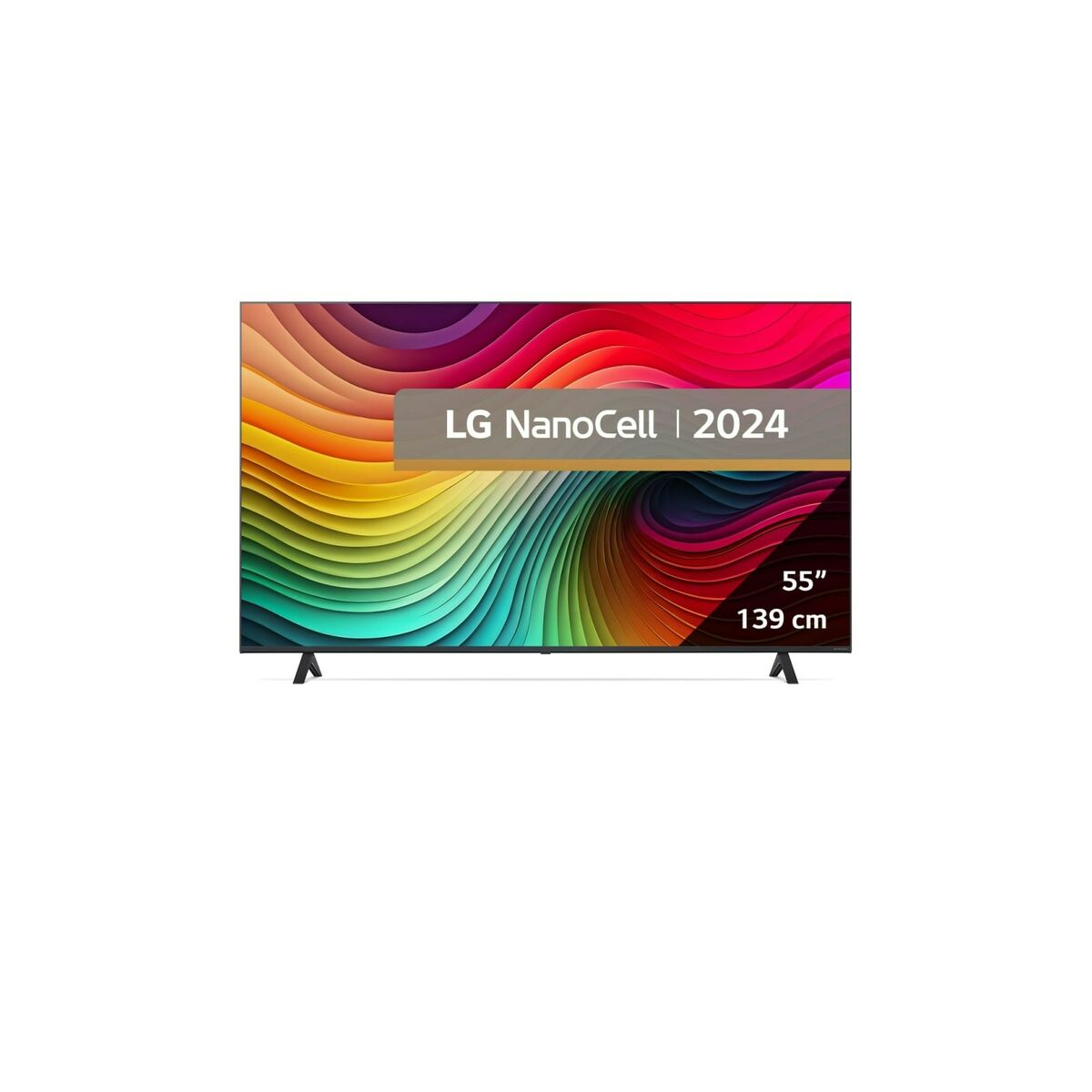 TV LG NanoCell 2024 con uno schermo vivace e colorato che mostra un motivo astratto dinamico.