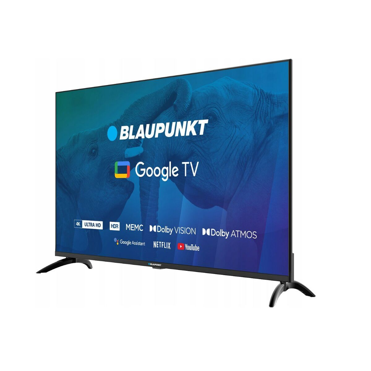 Czarny telewizor Google TV Blaupunkt. Wyświetlacz pokazuje grafikę słonia i specyfikacje.