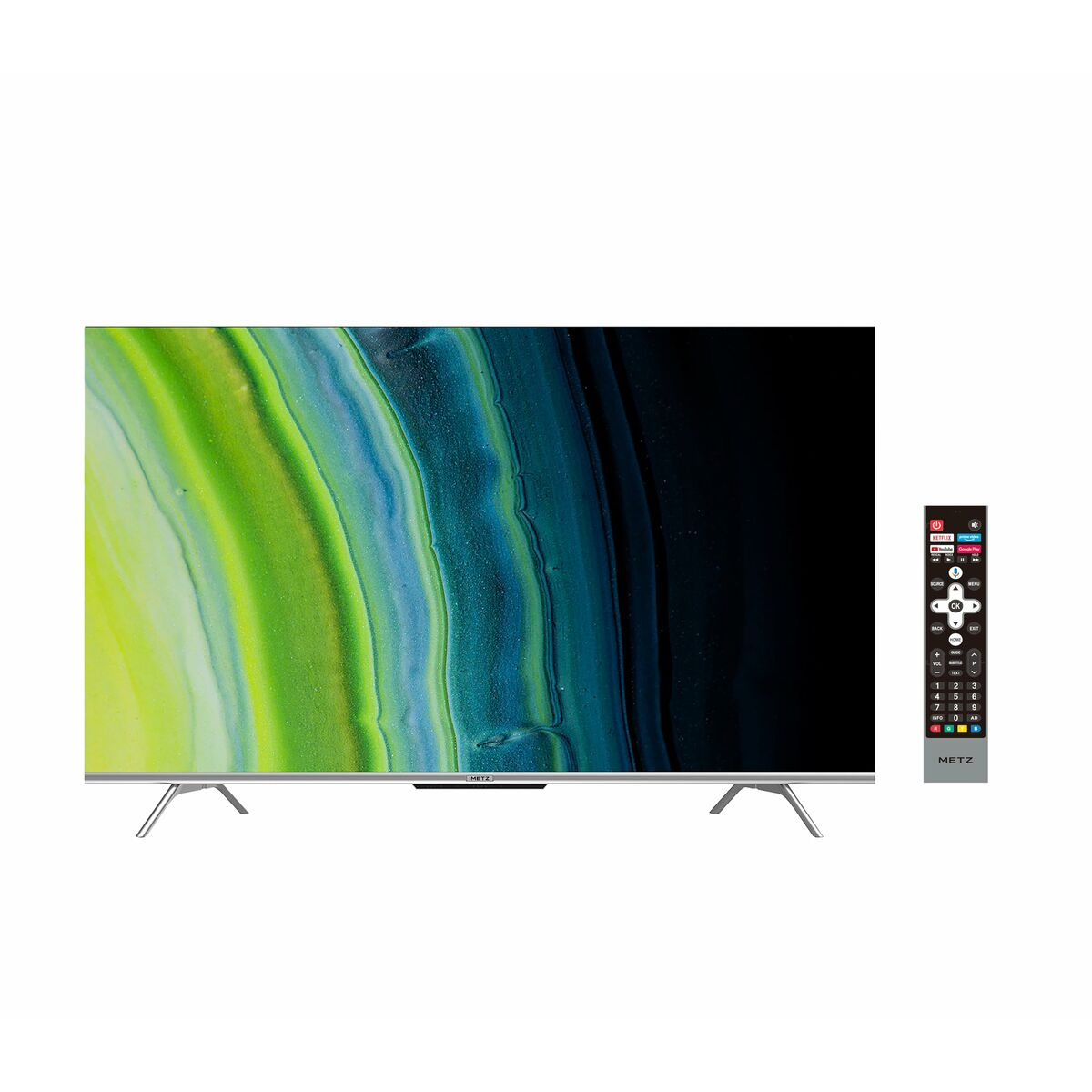 Una TV con un design astratto e colorato sullo schermo e un telecomando.