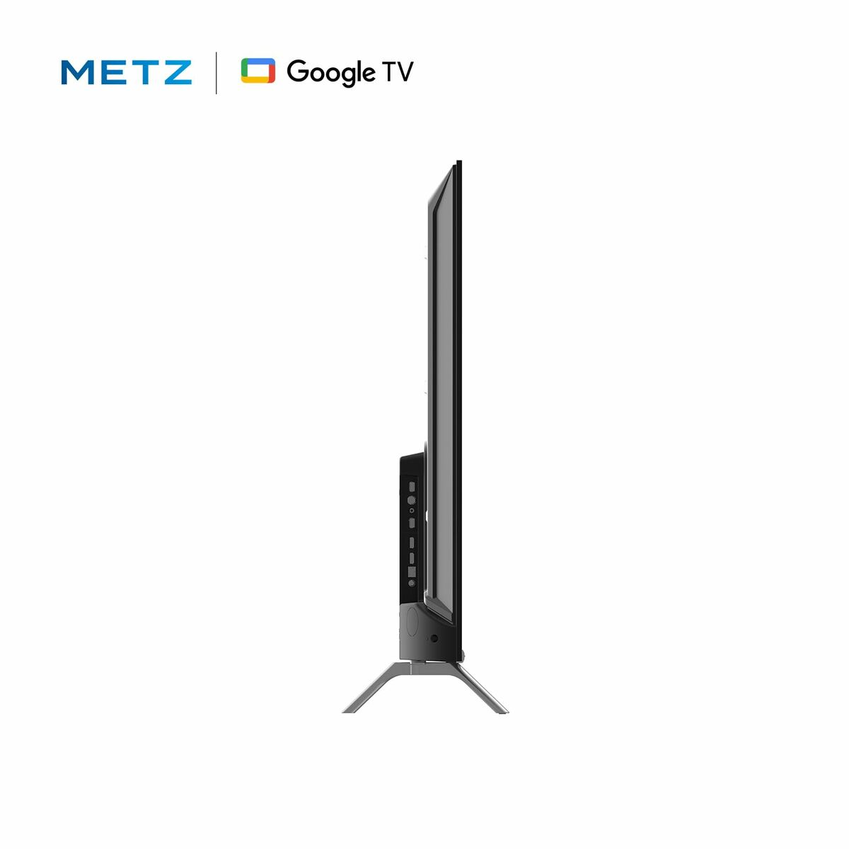 Vista laterale di una TV nera. È visibile il logo METZ Google TV.