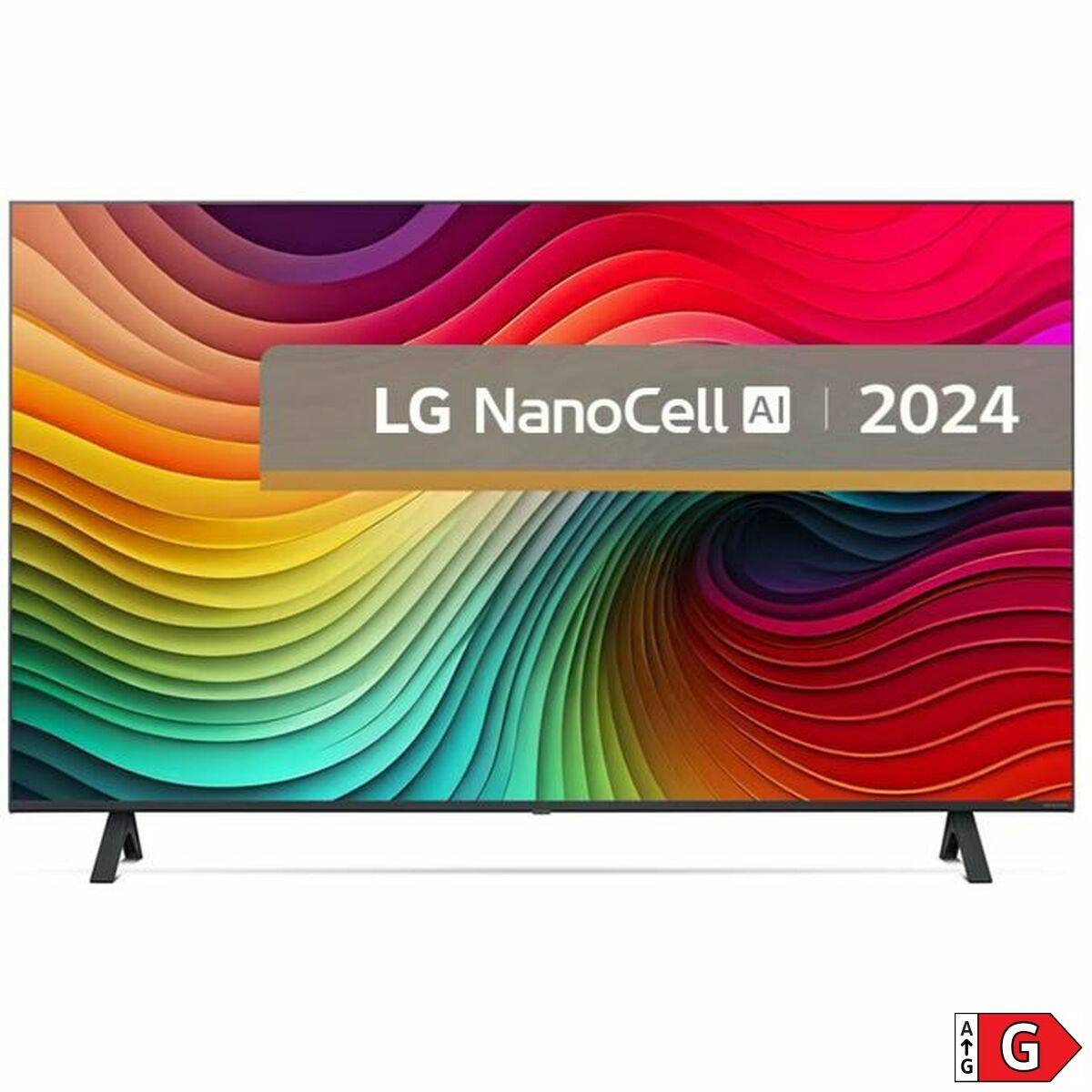 TV LG NanoCell, che mostra un'immagine astratta colorata, con l'etichetta '2024'.
