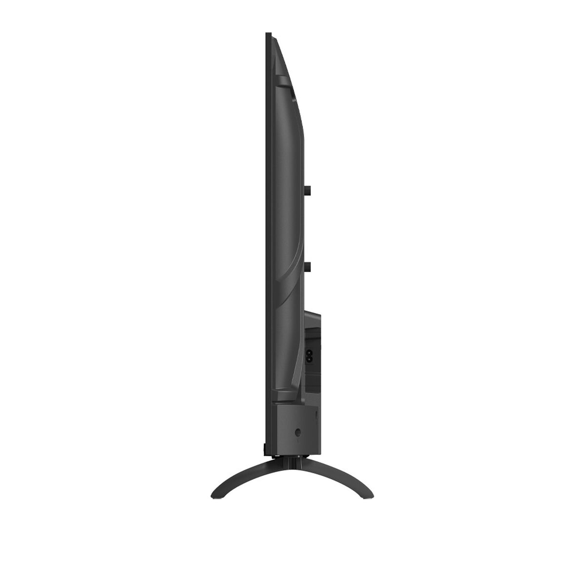 Widok z boku czarnego telewizora z zakrzywionym stojakiem na białym tle.