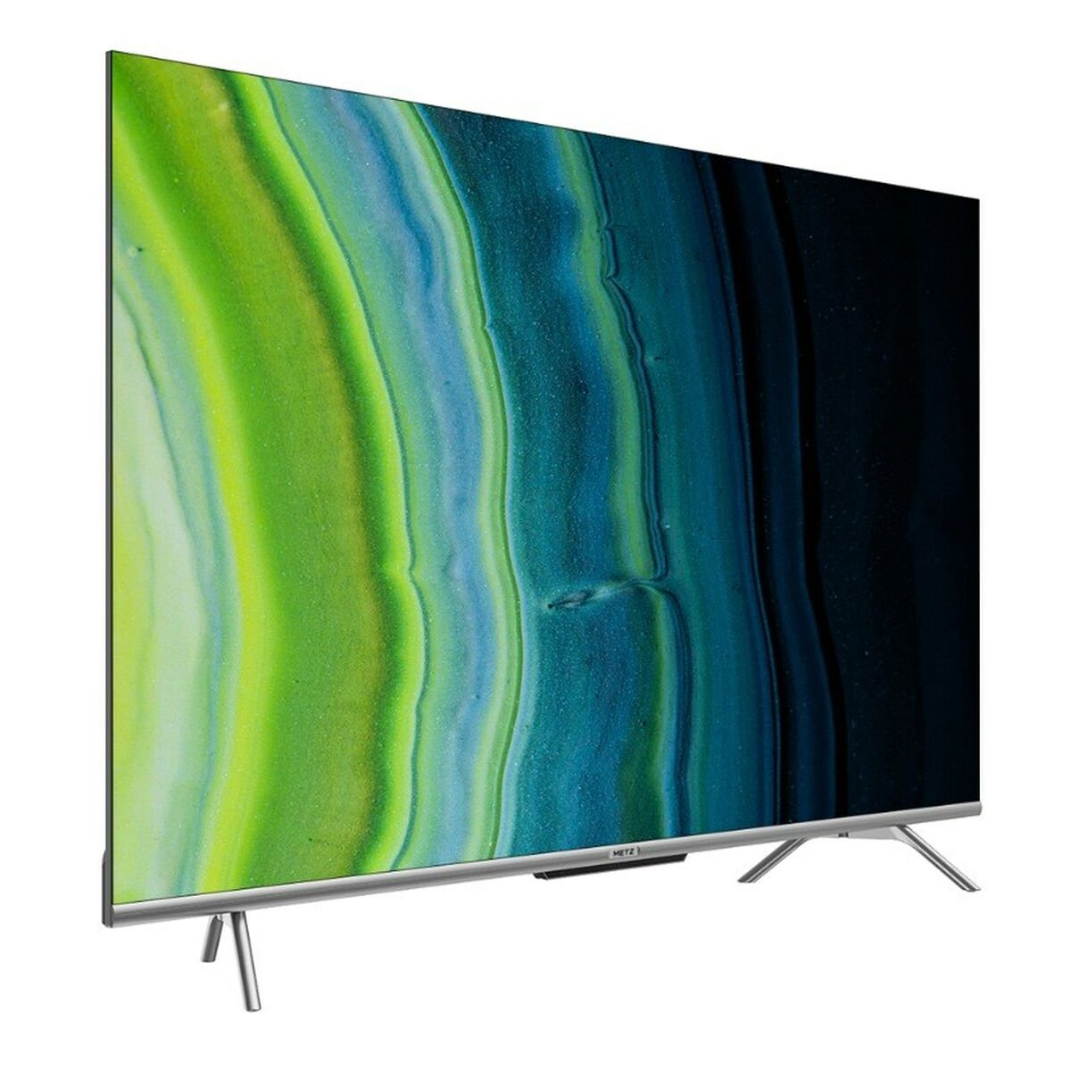 Una TV a schermo grande, con un'immagine astratta colorata.