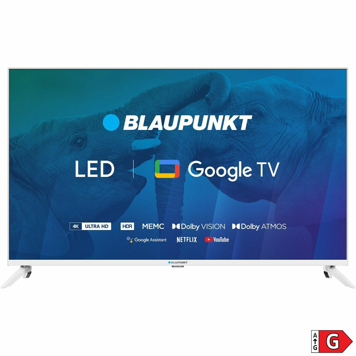 Telewizor Blaupunkt na białym tle. Posiada LED, Google TV i HDR.