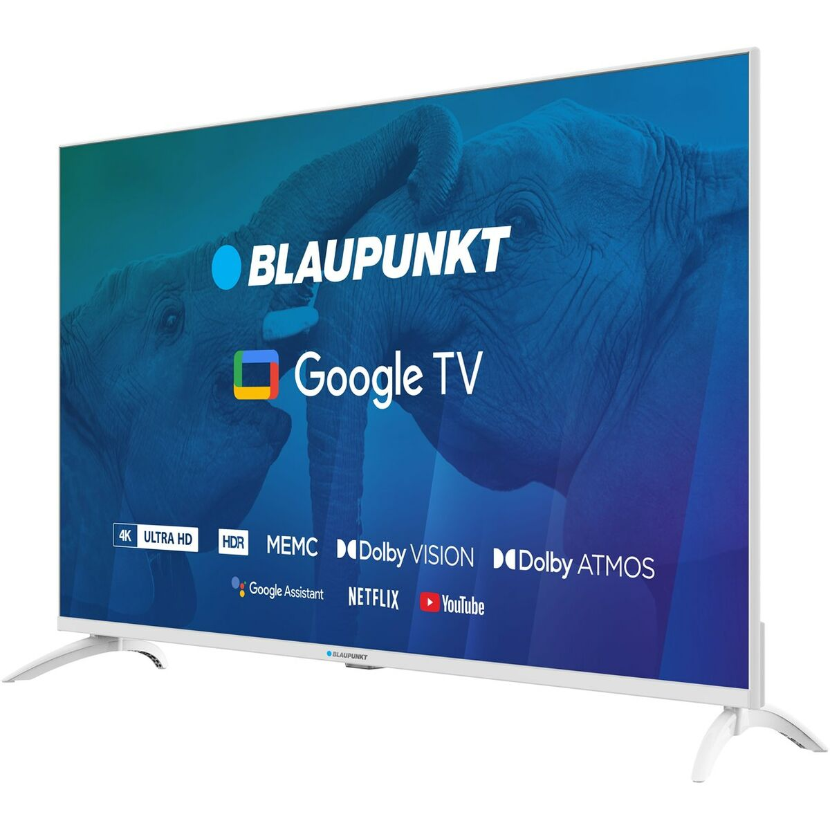 Biały telewizor z białą podstawą, logo Blaupunkt. Ekran wyświetla niebieską i białą sztukę abstrakcyjną.