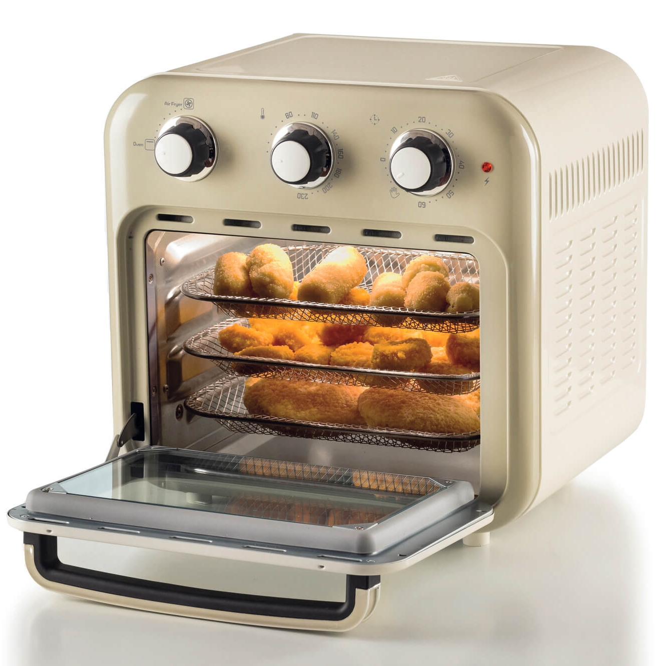 Beżowa frytkownica beztłuszczowa z otwartymi drzwiami, pokazująca jedzenie na drucianych półkach.