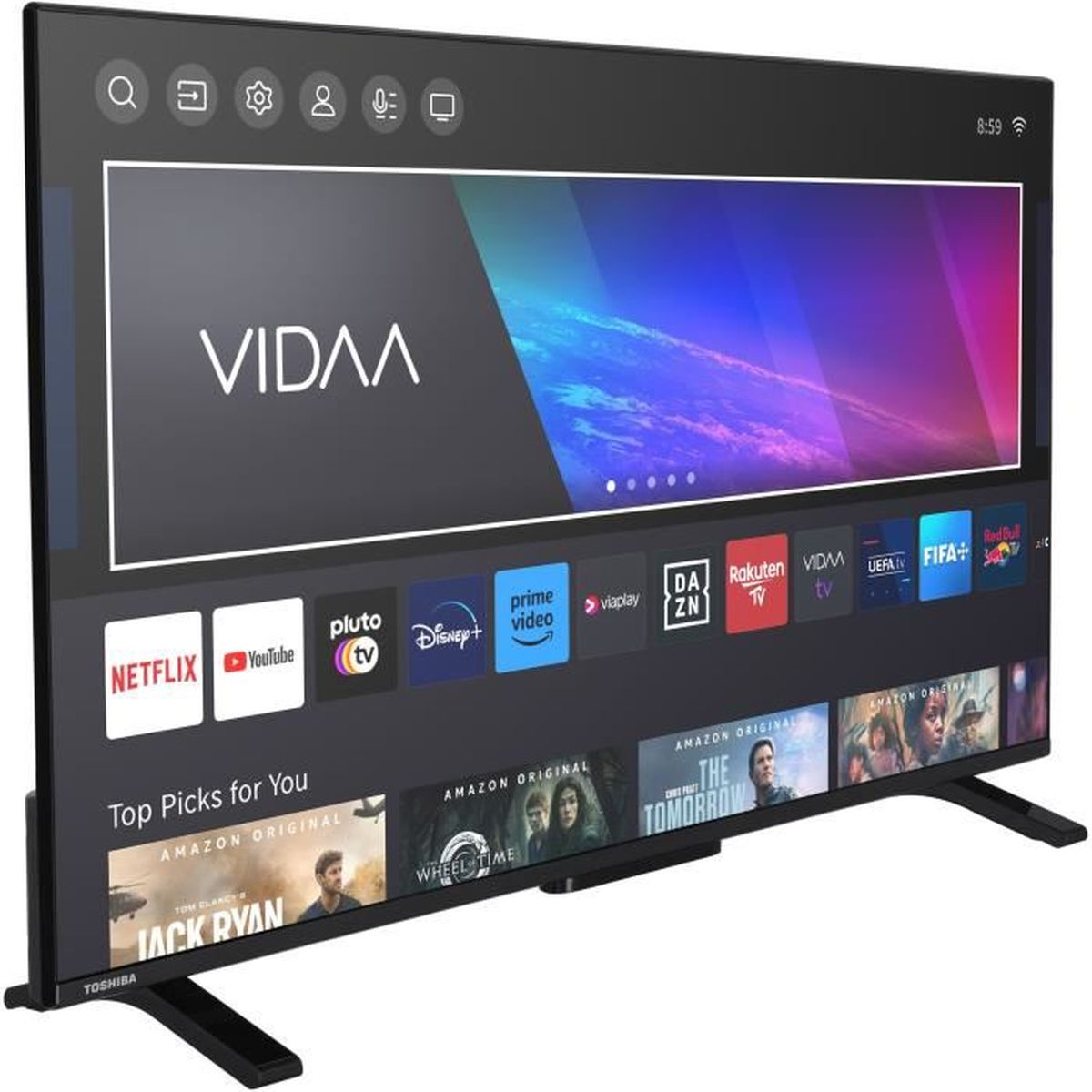 Telewizor Toshiba Smart TV z interfejsem VIDAA, aplikacjami i czarną podstawą.