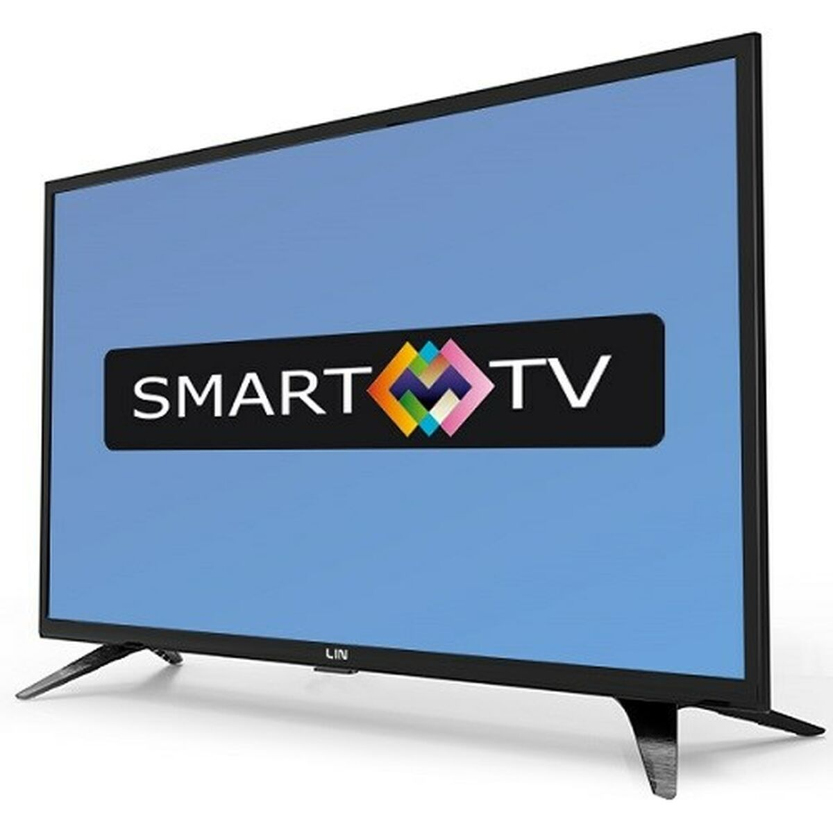 Czarny telewizor Smart TV z niebieskim ekranem i logo SMART TV.