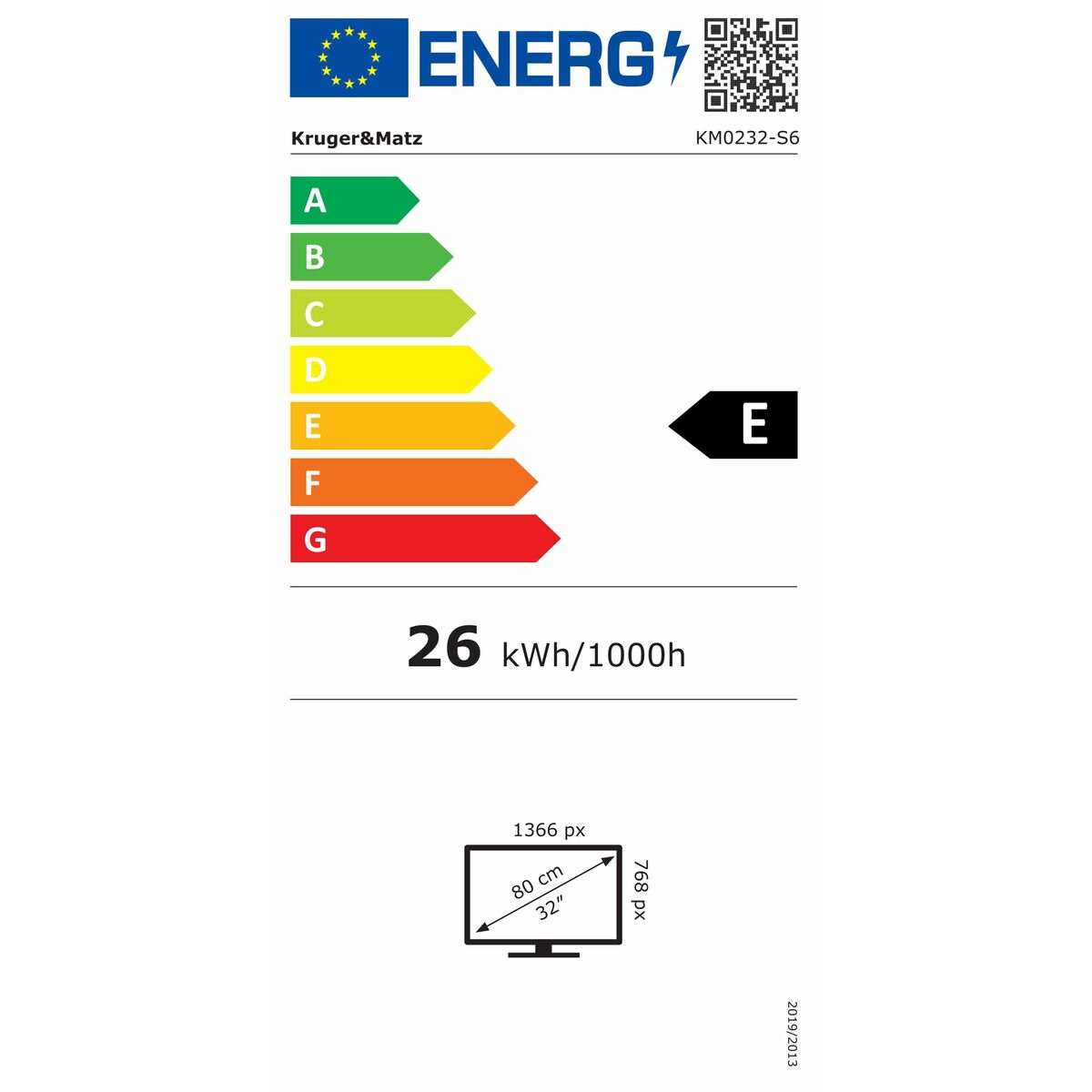 Etykieta energetyczna dla telewizora. Pokazuje klasę E, 26 kWh/1000h i inne informacje o urządzeniu.