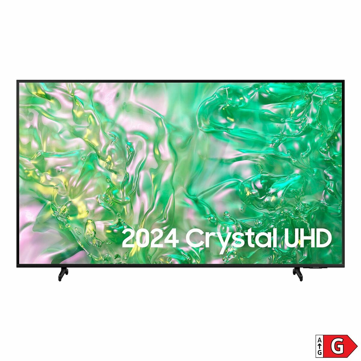 Czarny telewizor z cienką ramką, ekran wyświetla '2024 Crystal UHD'. Ma czarne nóżki.