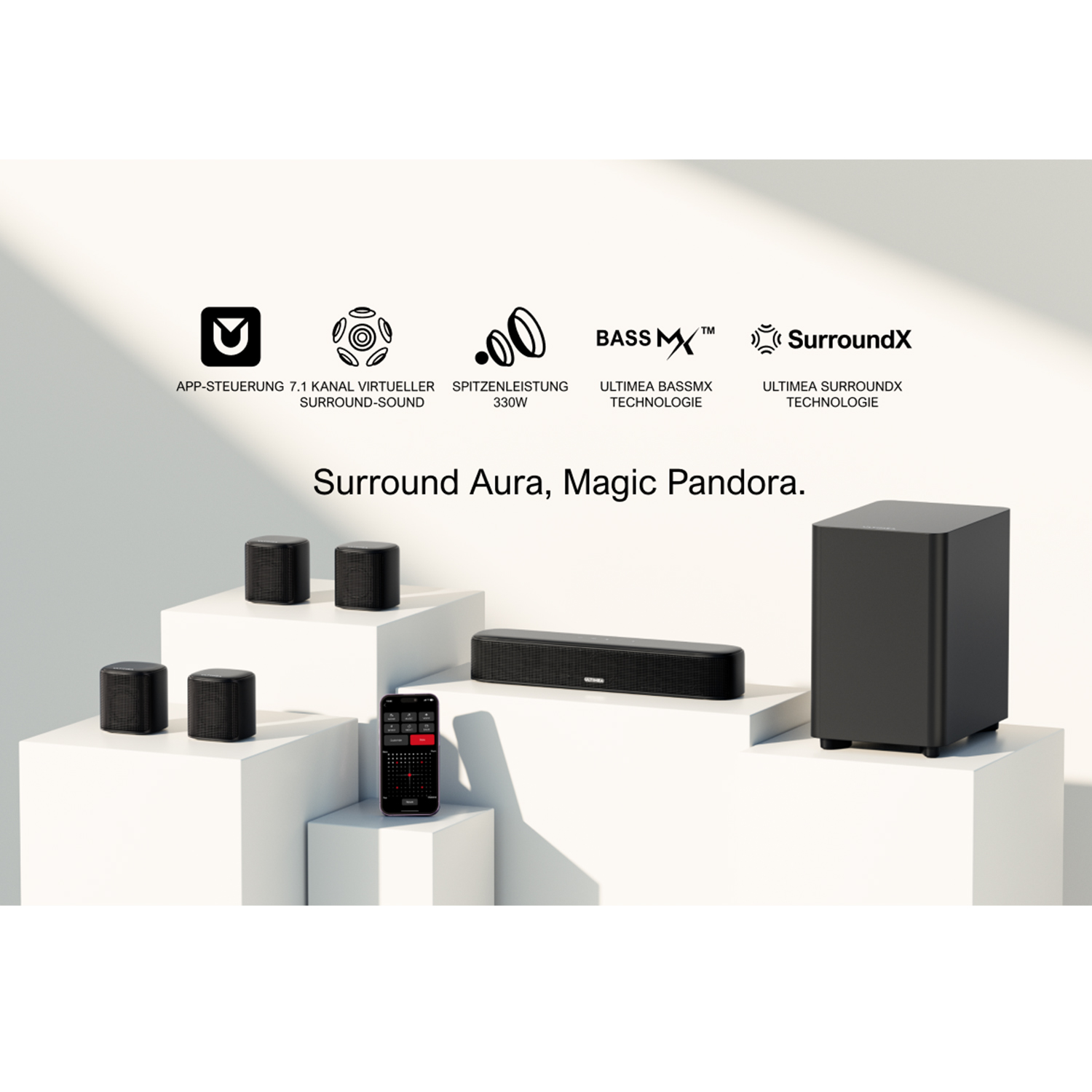 Schwarzes Soundsystem mit Lautsprechern und Subwoofer. Eine Fernbedienung im Vordergrund.