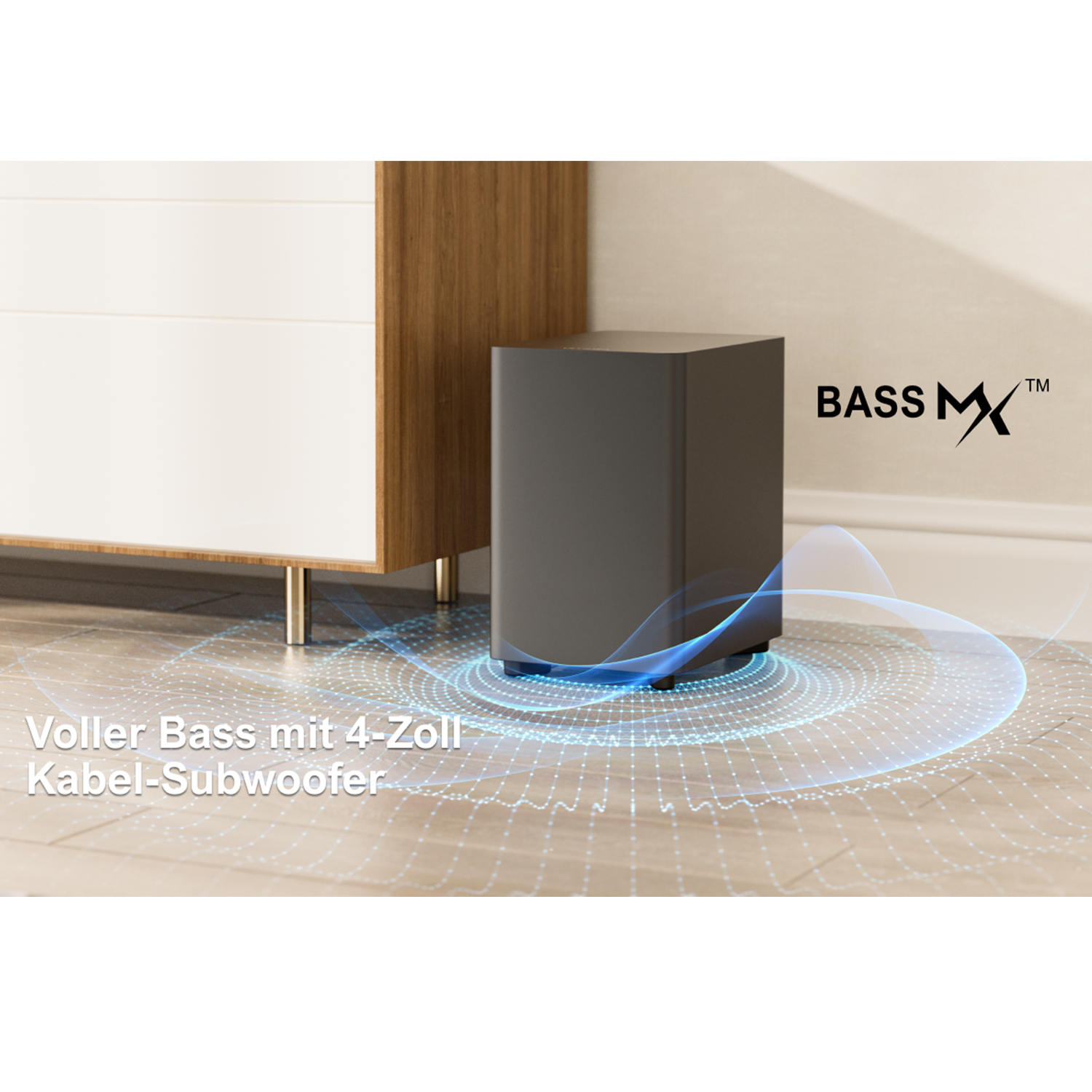 Ein schwarzer Subwoofer mit dem Text BASS MX und einem blauen Wellendesign darum.