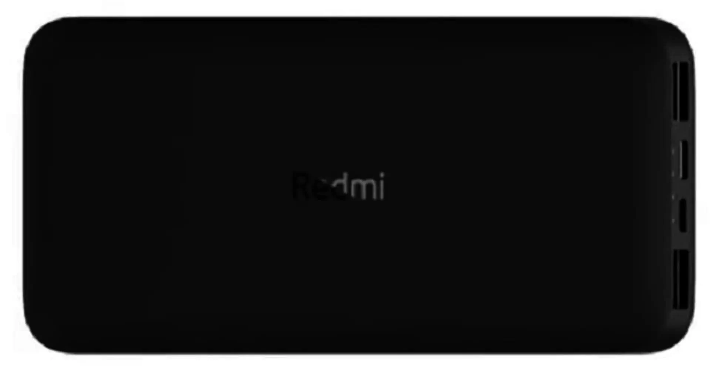 Zwarte powerbank met Redmi-logo. Meerdere oplaadpoorten zichtbaar. Eenvoudig, strak design.